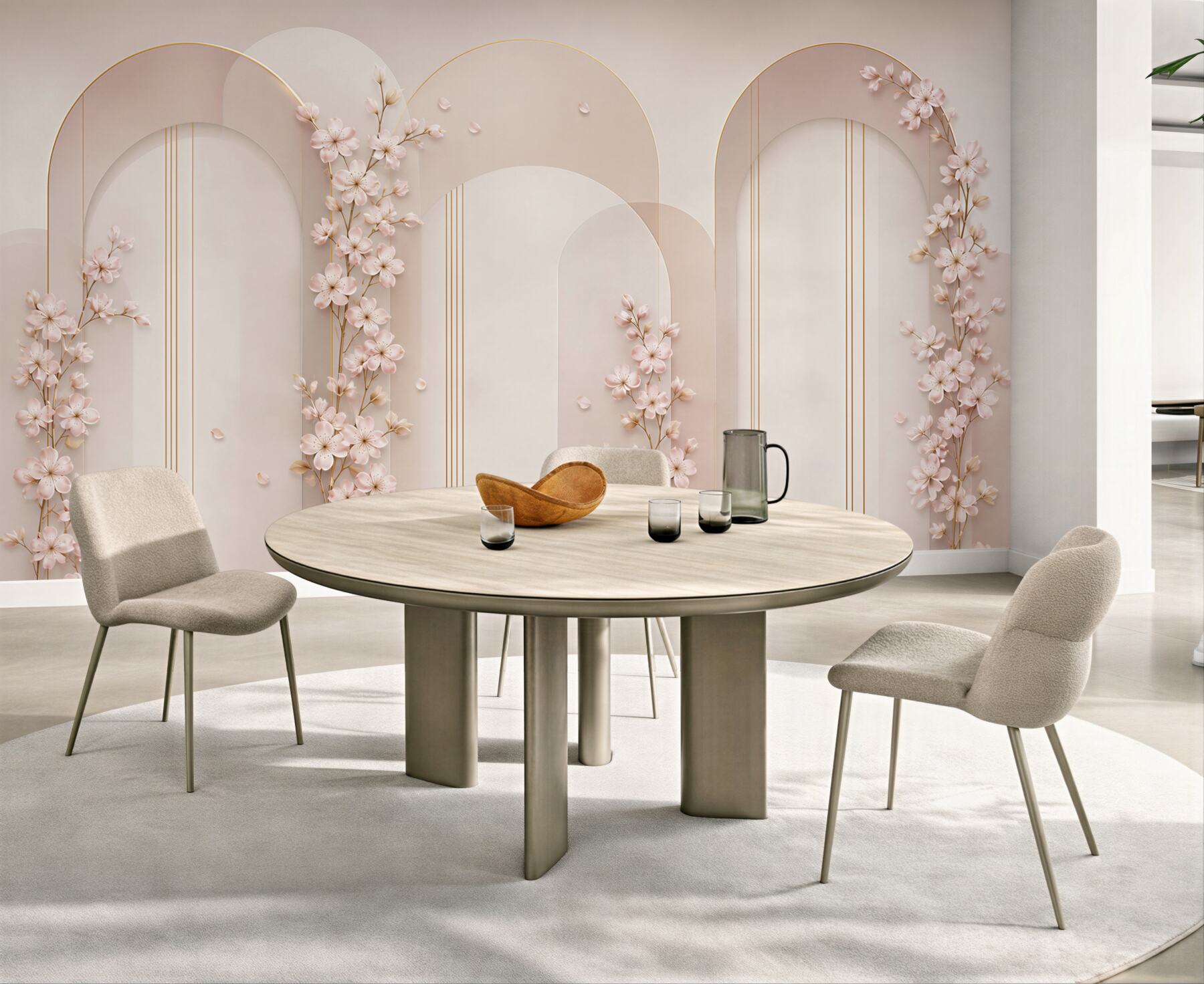 Fototapeta kwiaty wiśni na beżowych łukach subtelna elegancja