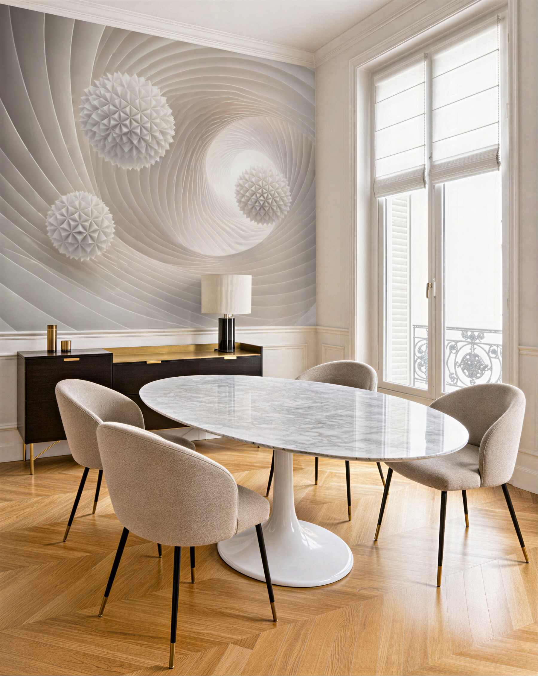 Fototapeta abstrakcyjne białe kule 3D w spiralnym tunelu nowoczesna