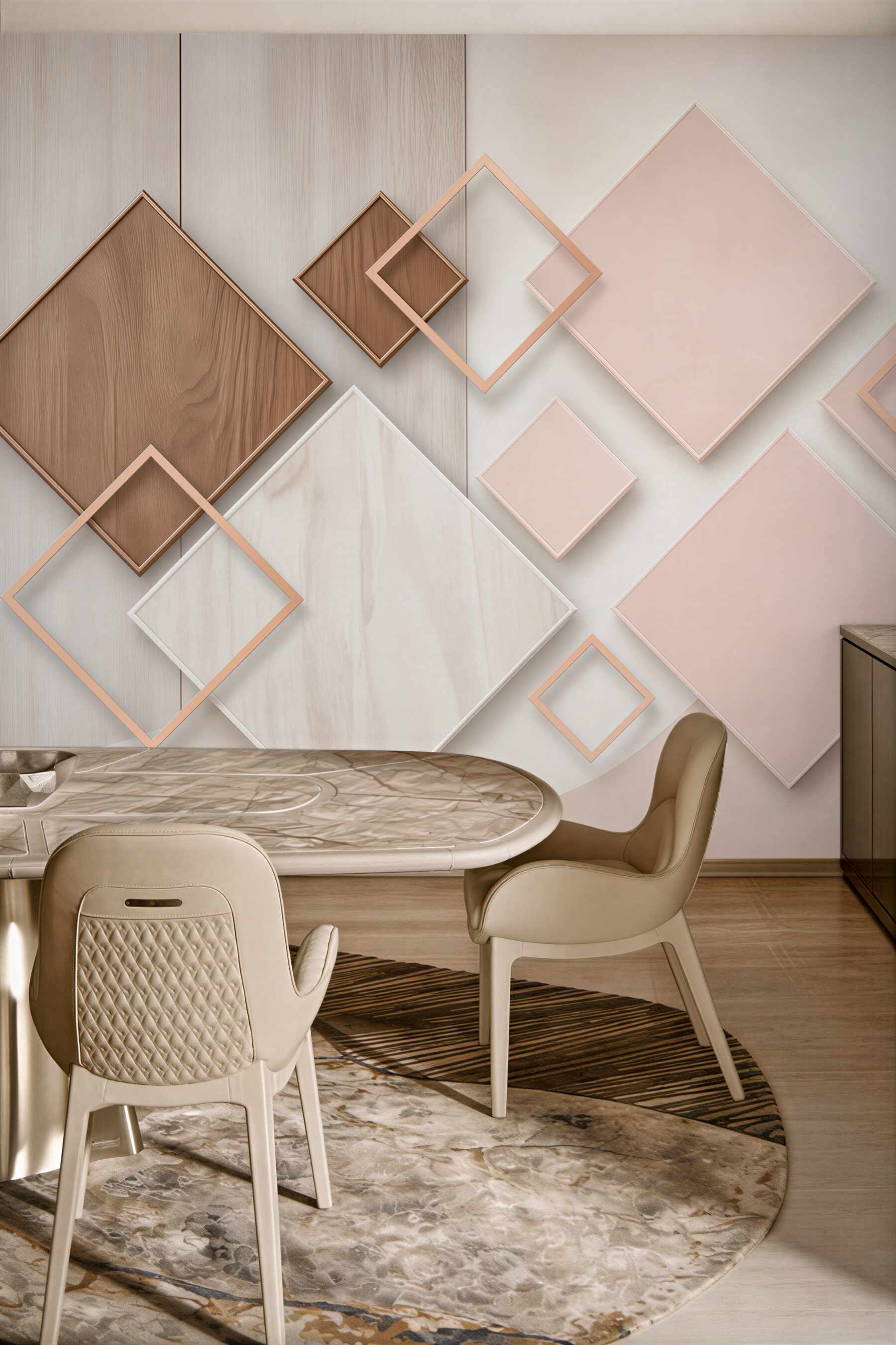 Fototapeta geometryczne kwadraty drewno i pudrowy róż nowoczesna