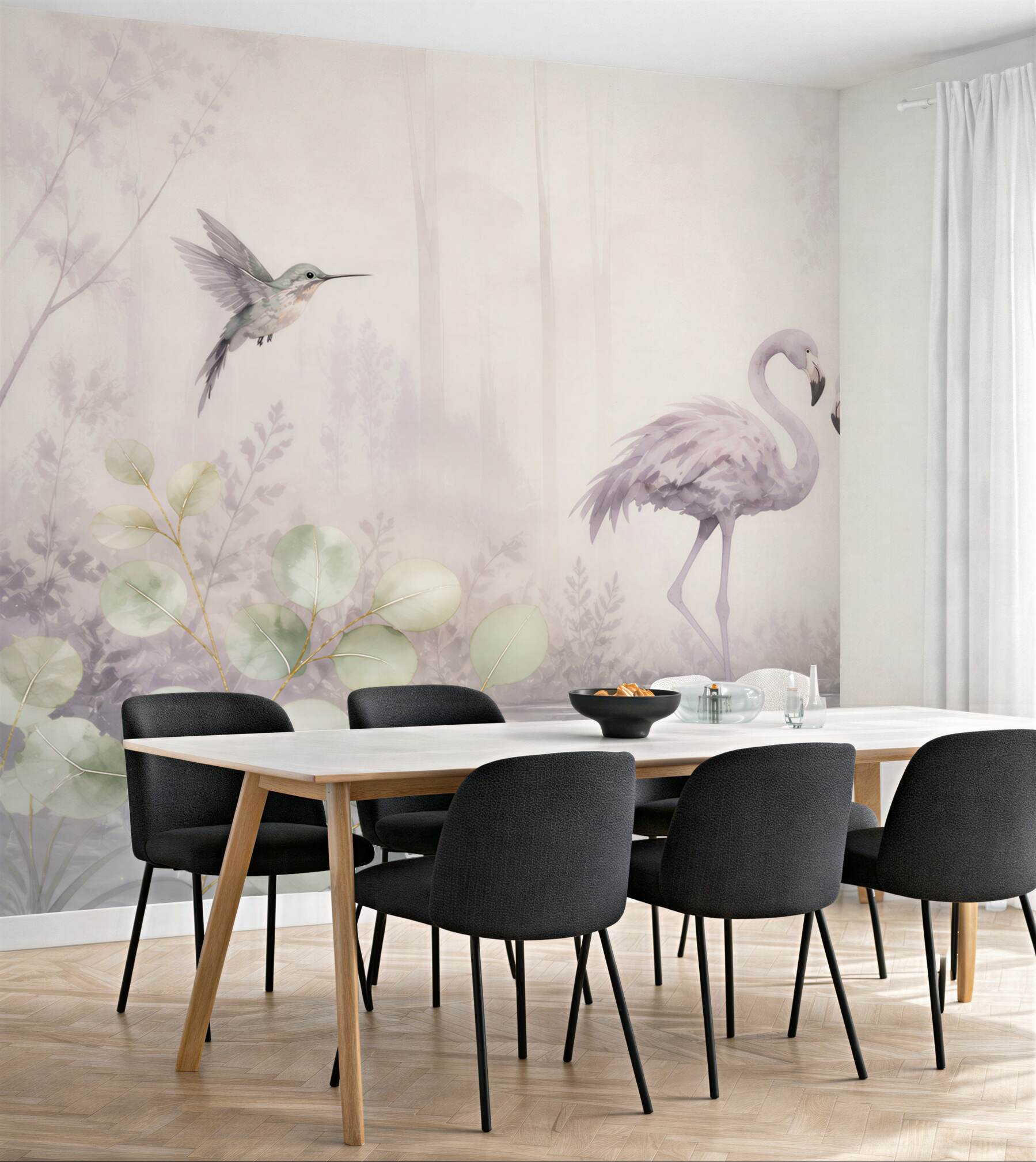 Fototapeta flamingi i koliber pastelowe w leśnej scenerii