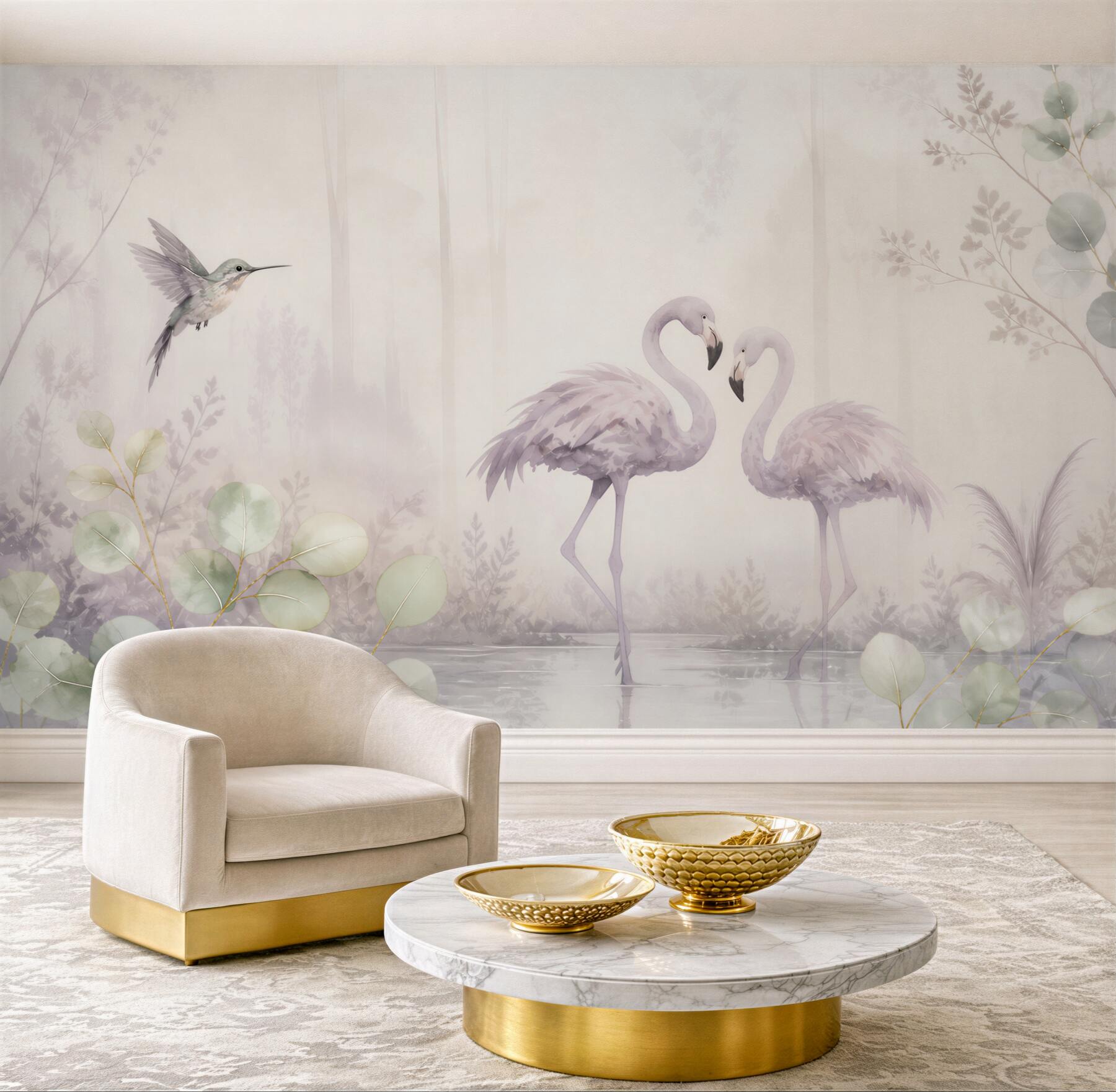 Fototapeta flamingi i koliber pastelowe w leśnej scenerii