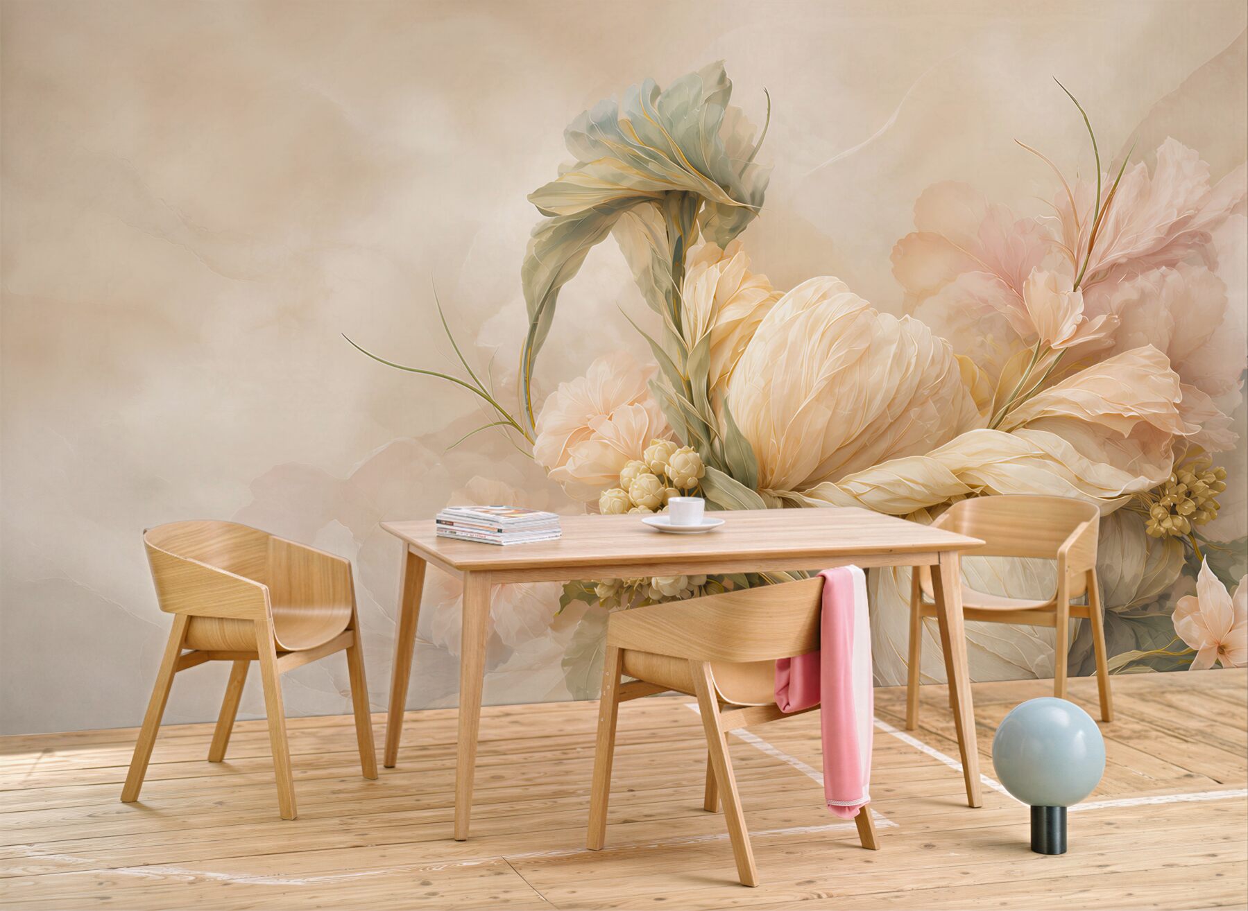 Fototapeta duże kwiaty kremowe pastelowe eleganckie do sypialni