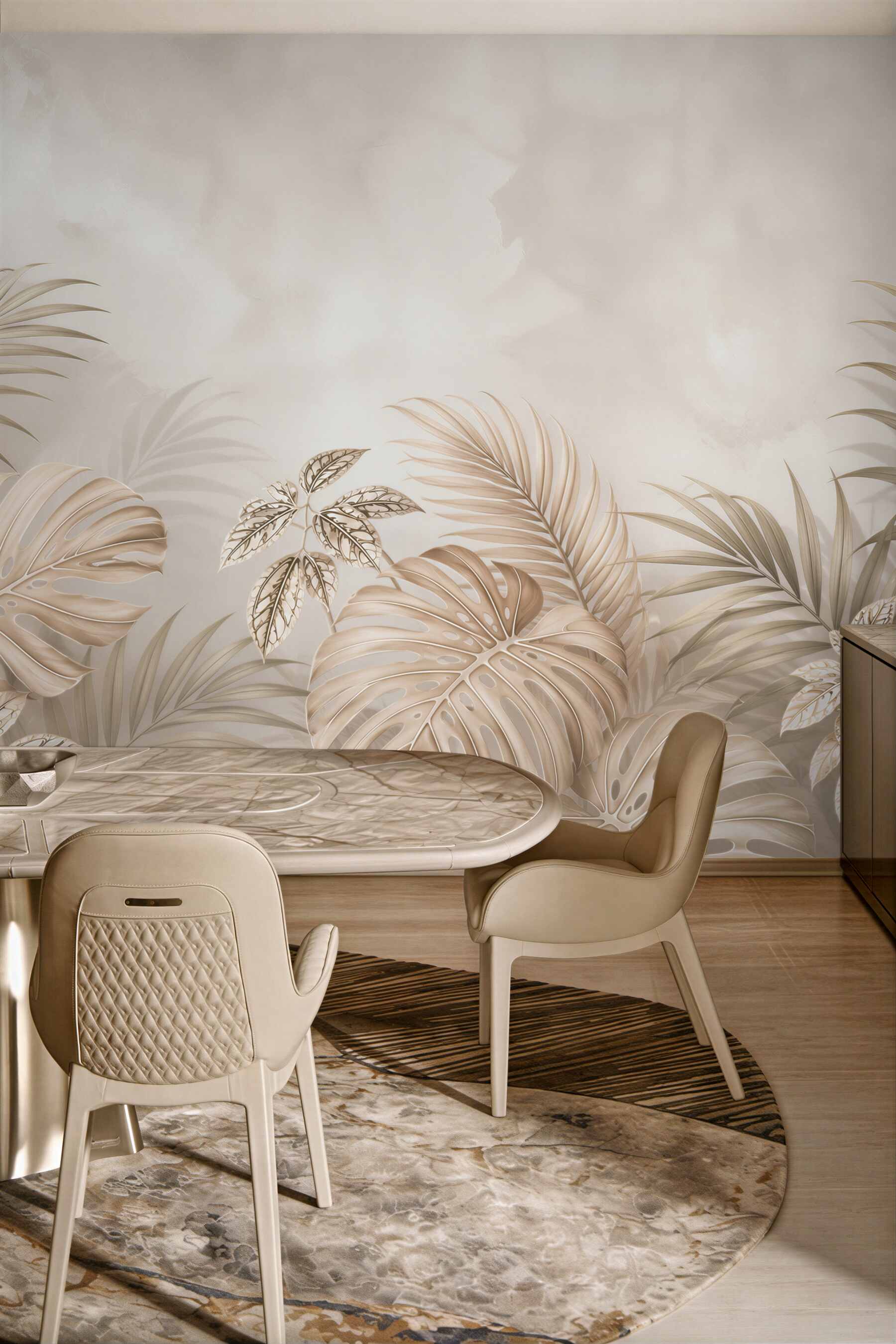 Fototapeta beżowe liście tropikalne monstery i palm subtelna elegancja