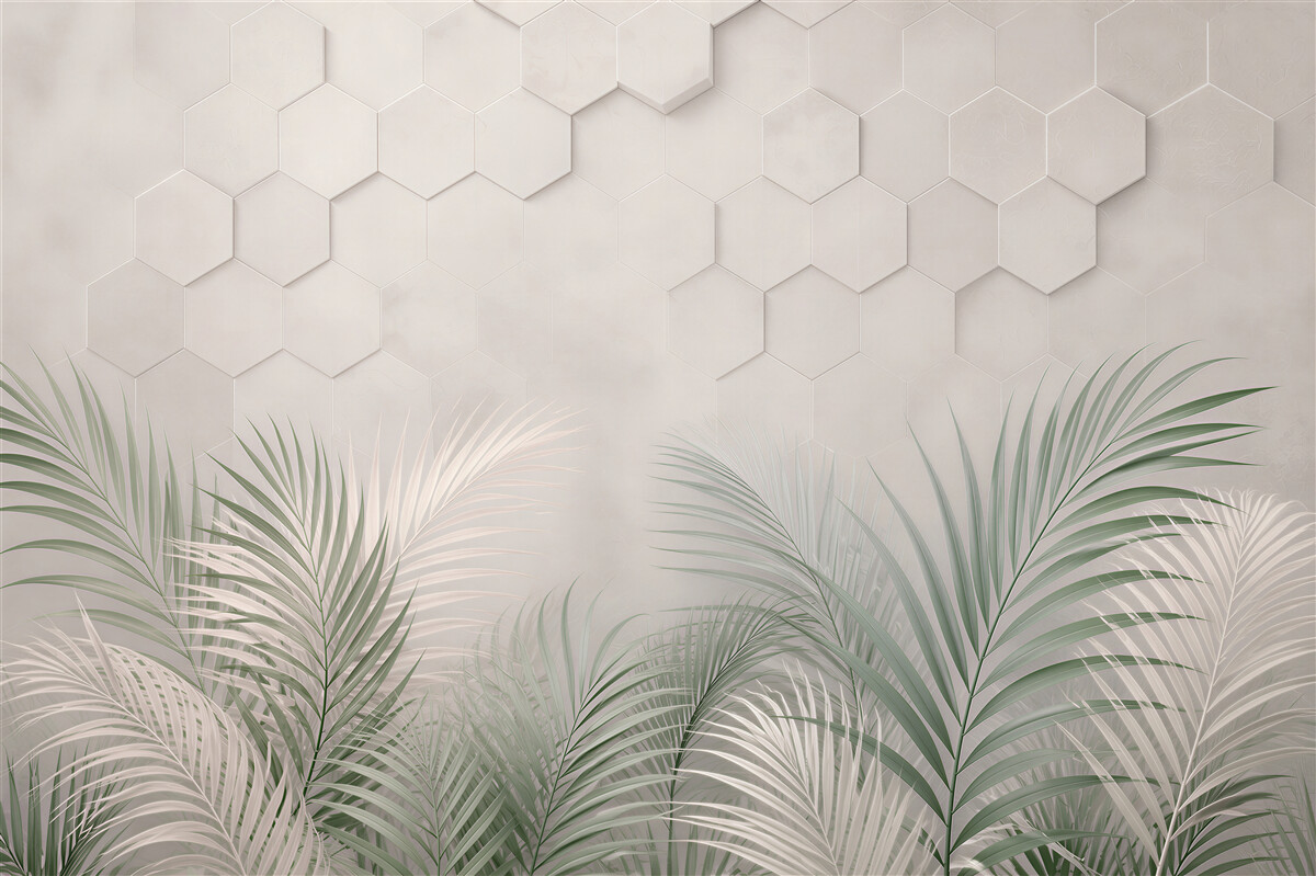 Fototapeta liście palmowe na geometrycznym tle beżowo zielona nowoczesna