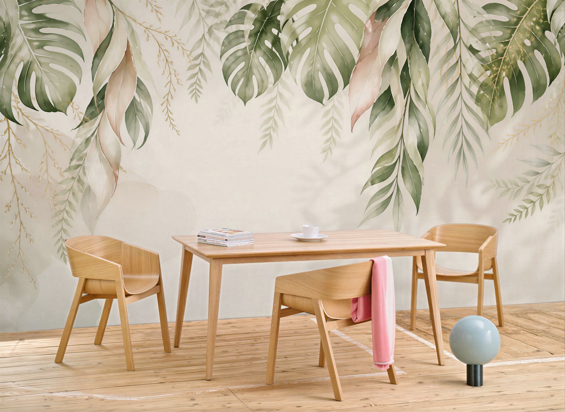Fototapeta liście tropikalne monstera i palma beżowo zielone eleganckie