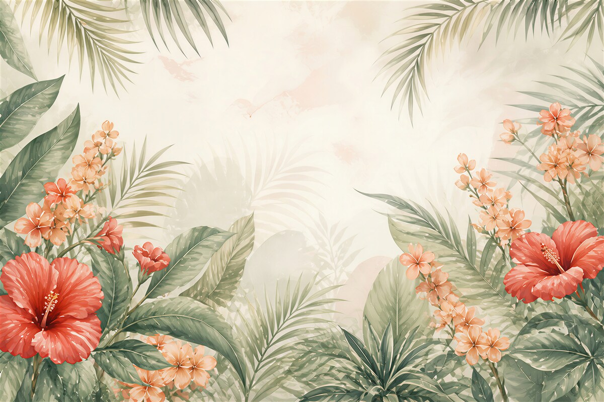 Fototapeta hibiskusy i liście tropikalne w pastelowych kolorach