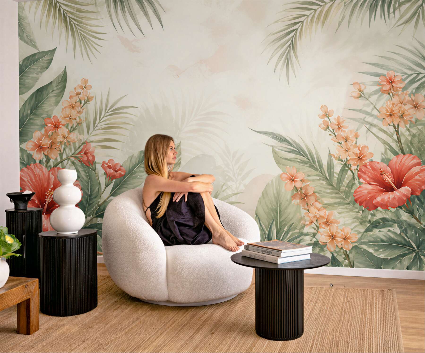 Fototapeta hibiskusy i liście tropikalne w pastelowych kolorach