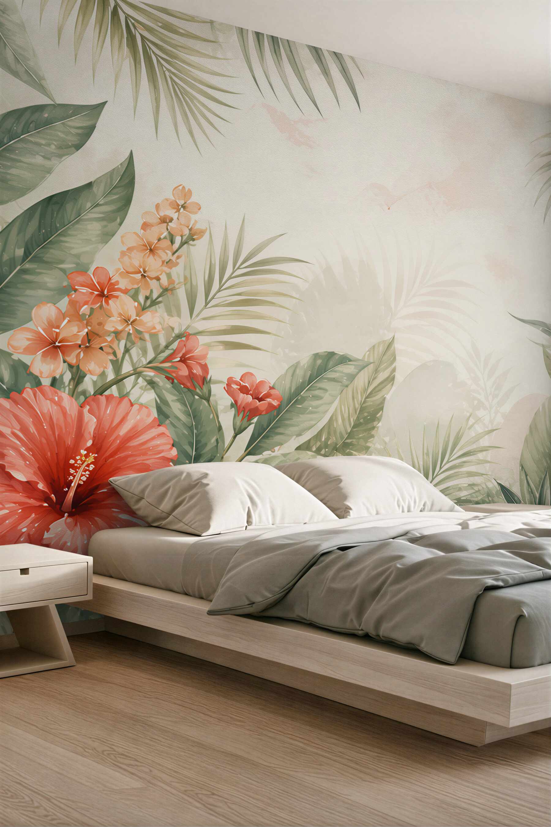 Fototapeta hibiskusy i liście tropikalne w pastelowych kolorach