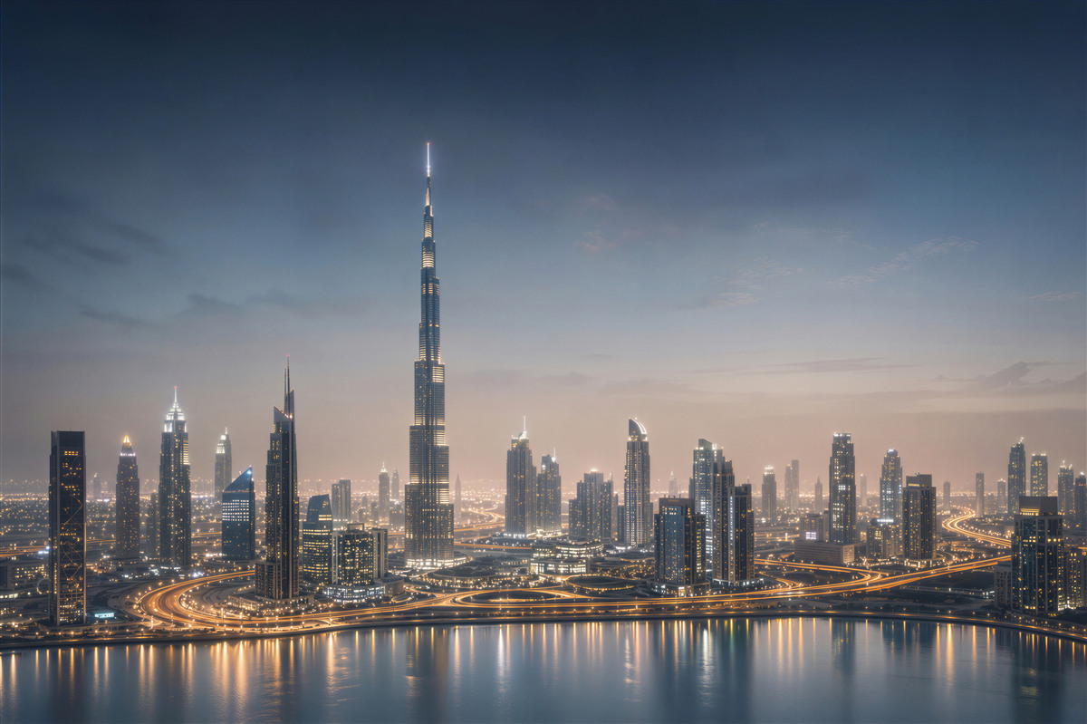 Fototapeta panorama Dubaju nocą z drapaczami chmur nad wodą