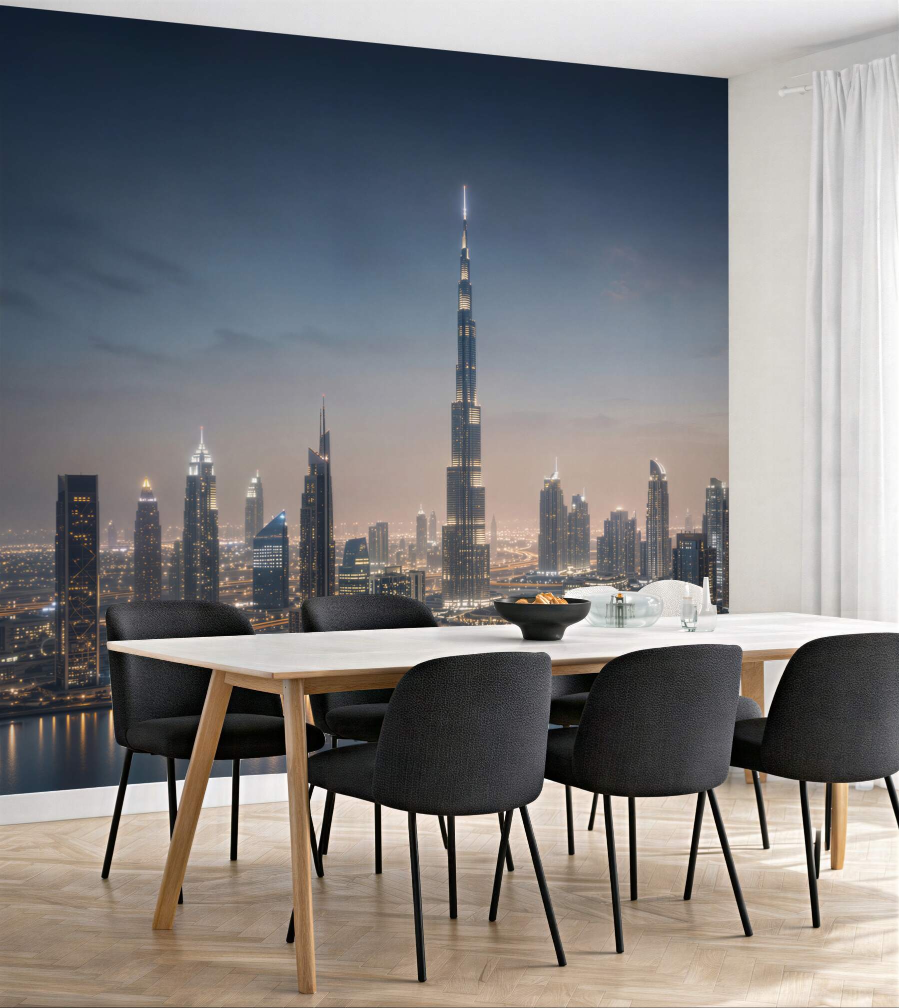 Fototapeta panorama Dubaju nocą z drapaczami chmur nad wodą