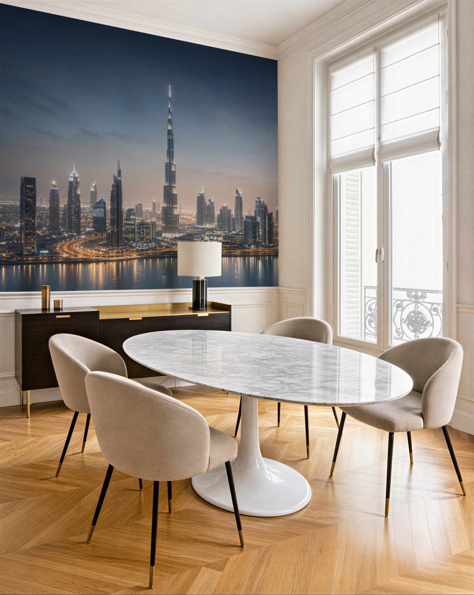 Fototapeta panorama Dubaju nocą z drapaczami chmur nad wodą