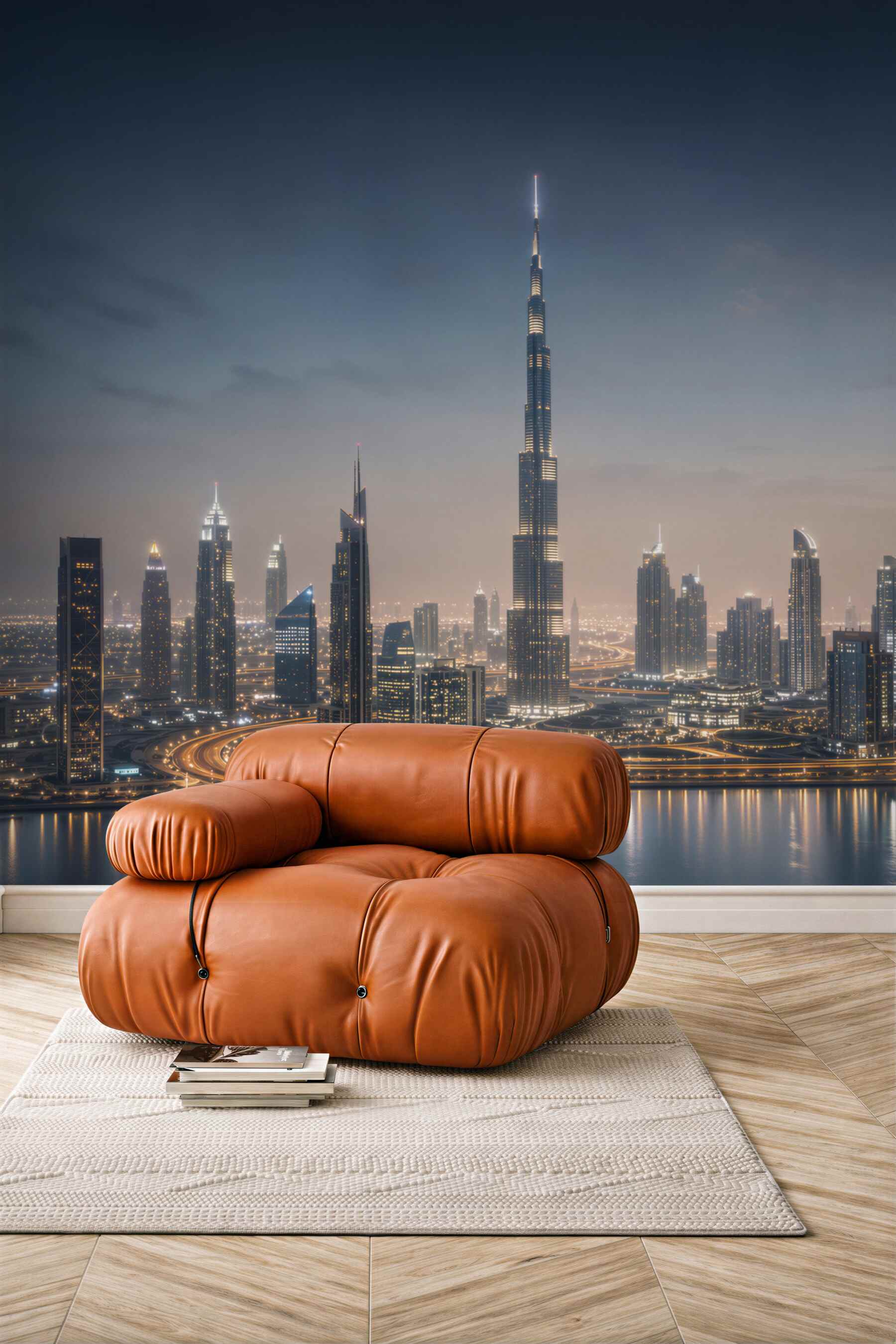 Fototapeta panorama Dubaju nocą z drapaczami chmur nad wodą