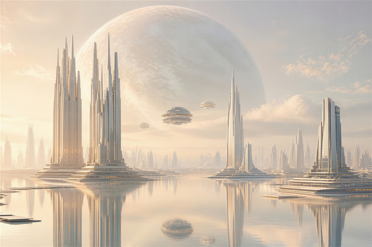 Fototapeta futurystyczne miasto z planetą i wieżami nad wodą