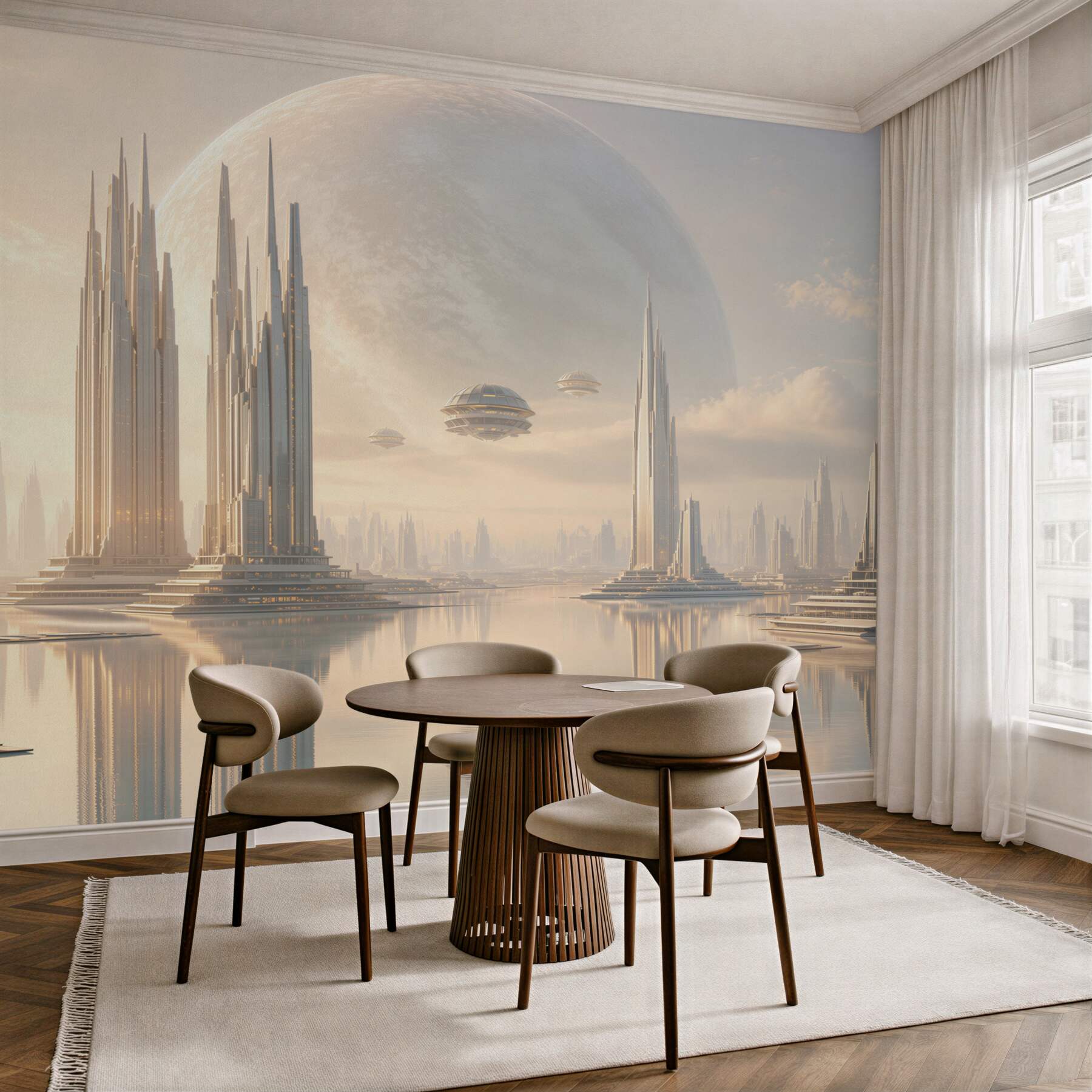 Fototapeta futurystyczne miasto z planetą i wieżami nad wodą