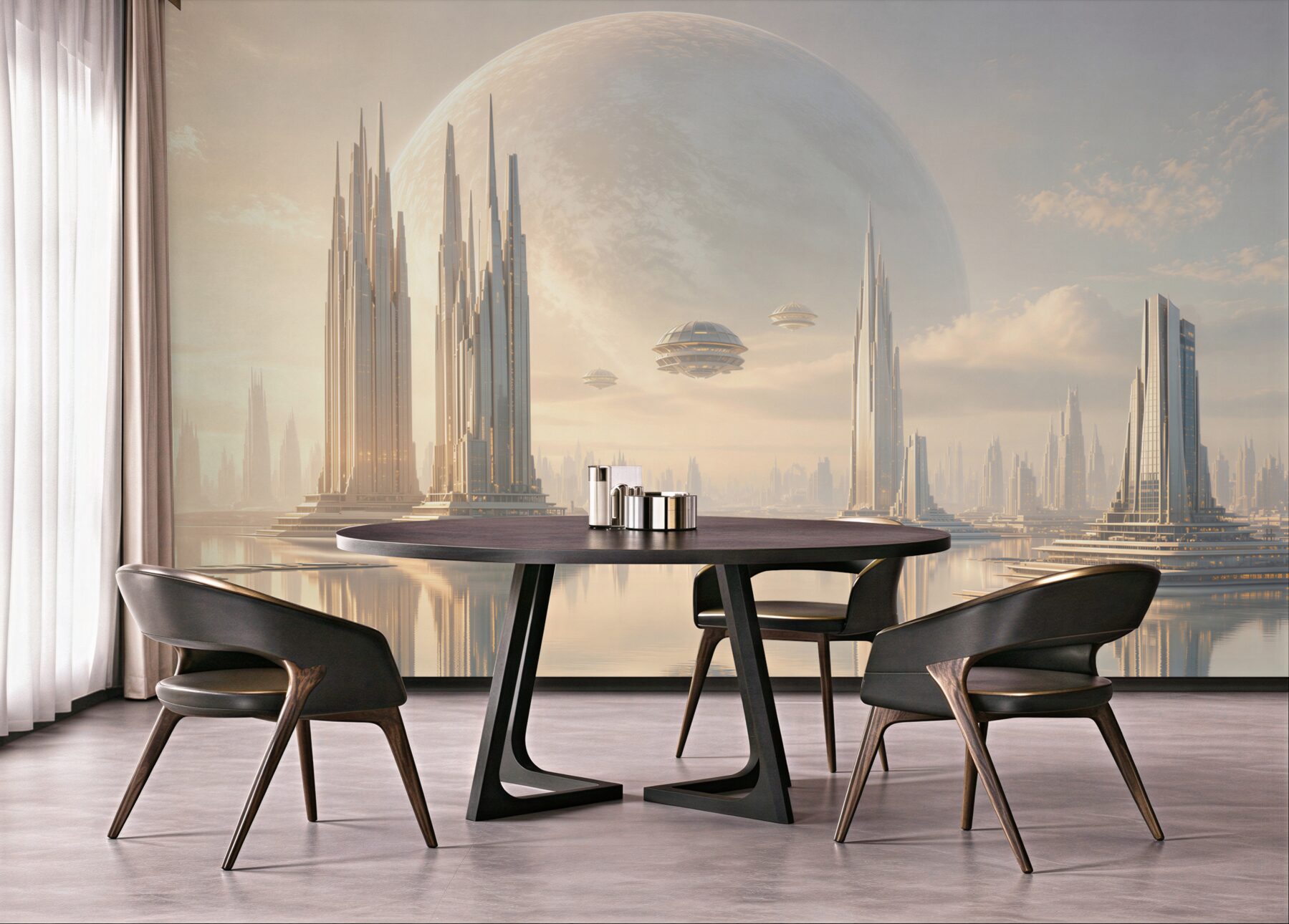 Fototapeta futurystyczne miasto z planetą i wieżami nad wodą