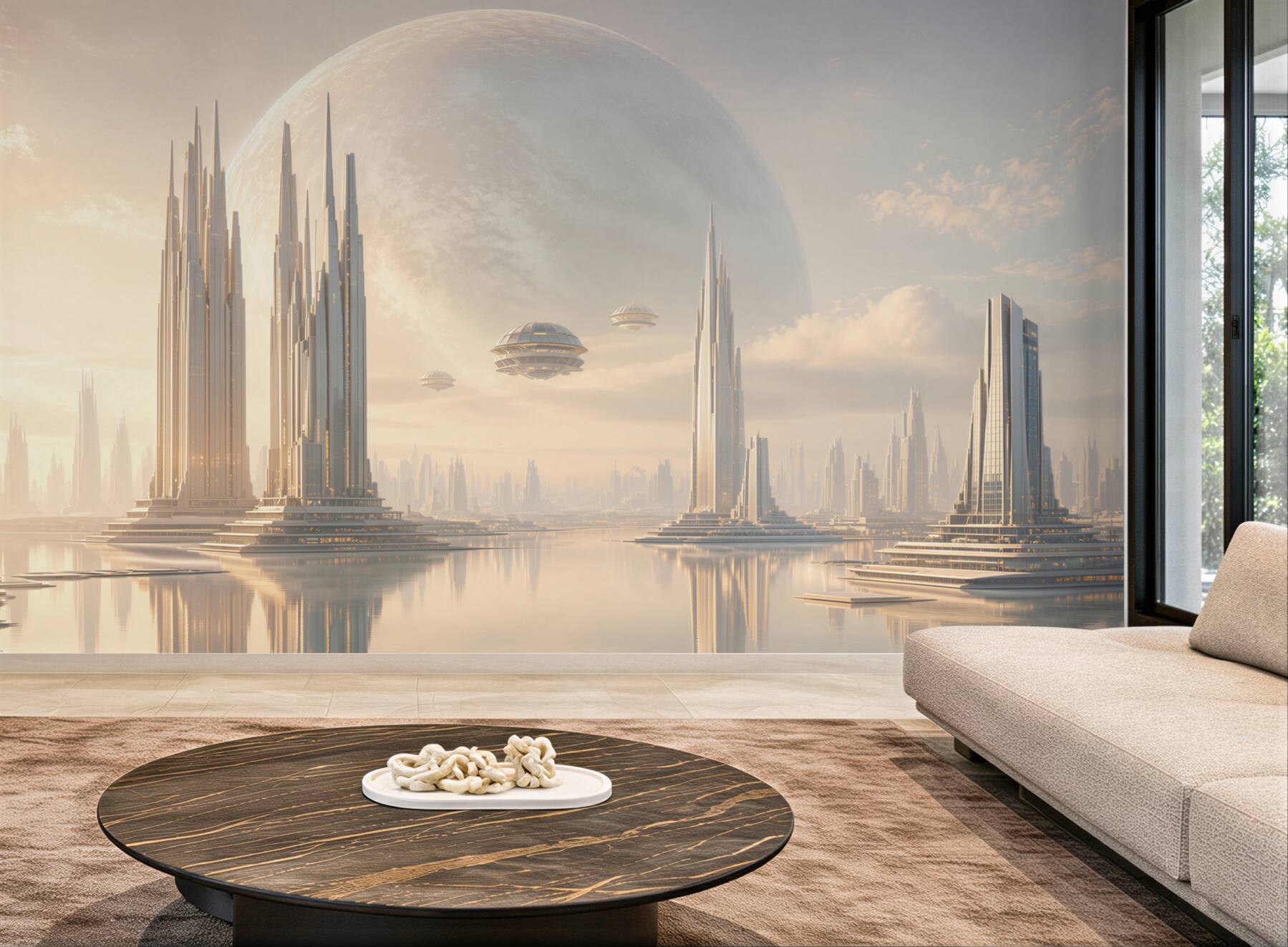 Fototapeta futurystyczne miasto z planetą i wieżami nad wodą