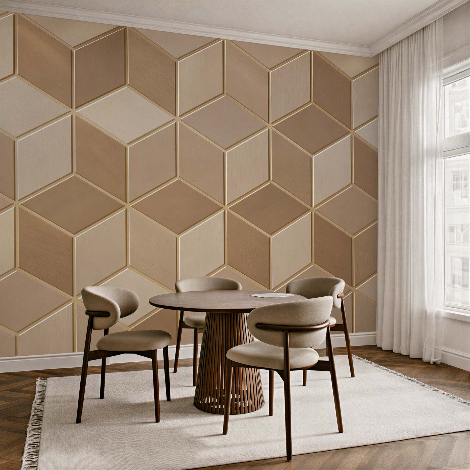 Fototapeta geometryczne kostki 3D beżowe wzór drewniany