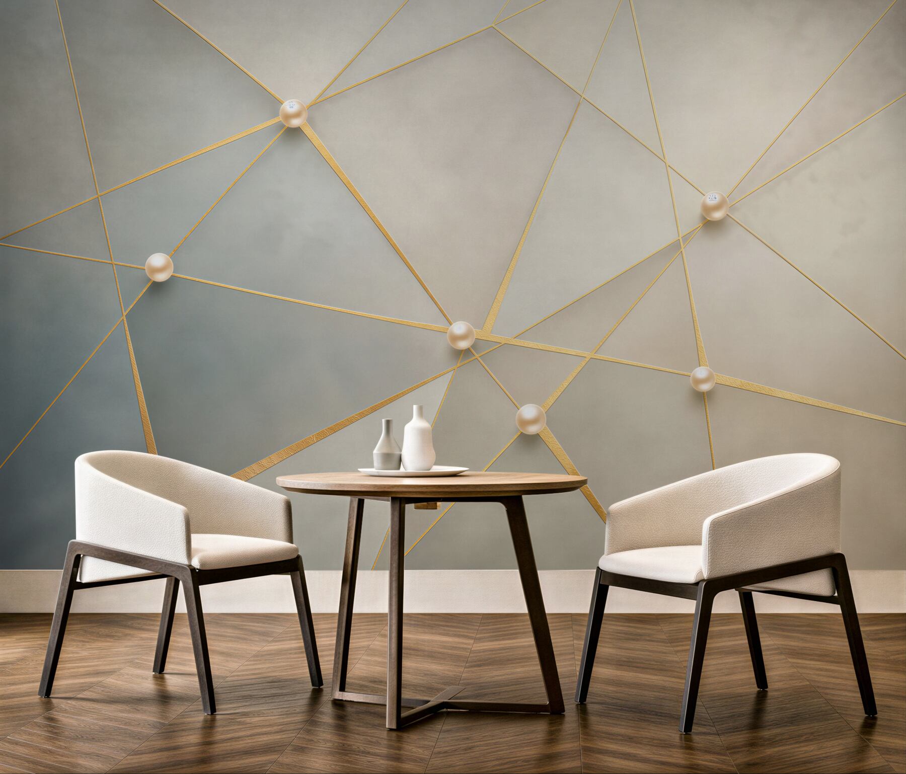 Fototapeta geometryczna abstrakcja ze złotymi liniami i perłami elegancka