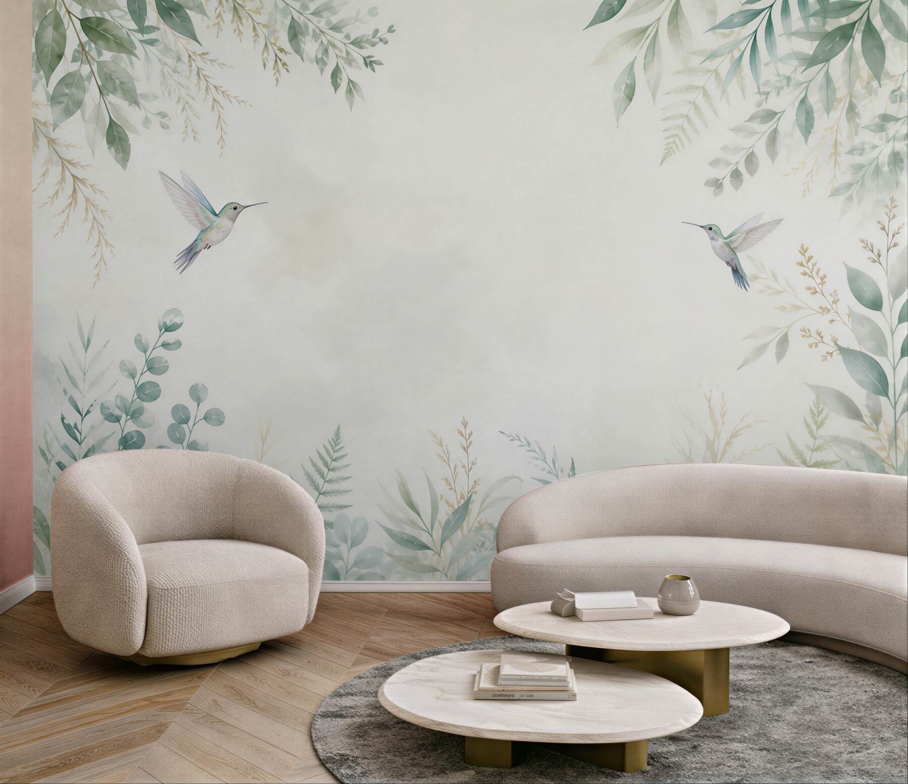 Fototapeta kolibry i pastelowe liście delikatna botaniczna