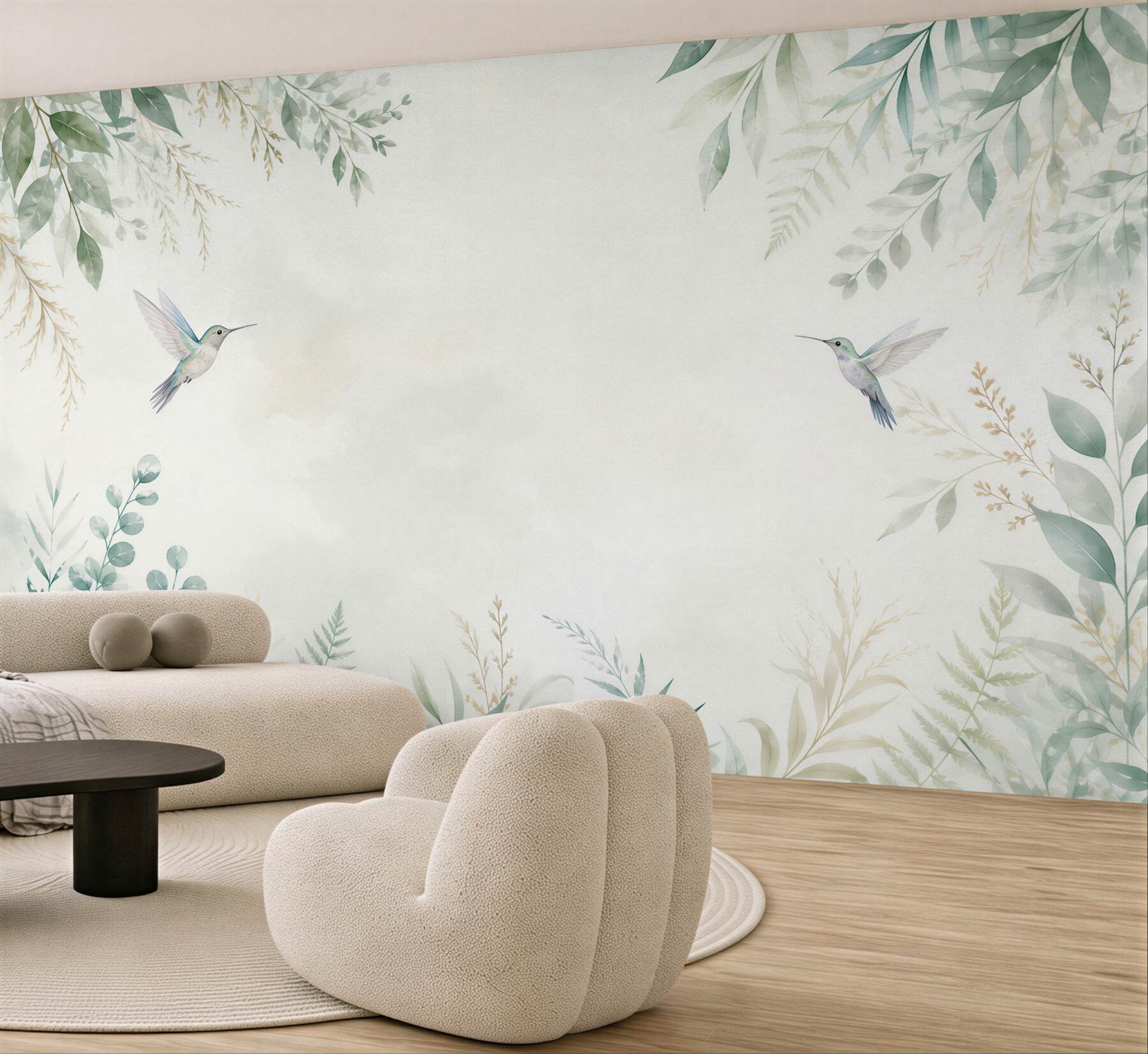 Fototapeta kolibry i pastelowe liście delikatna botaniczna