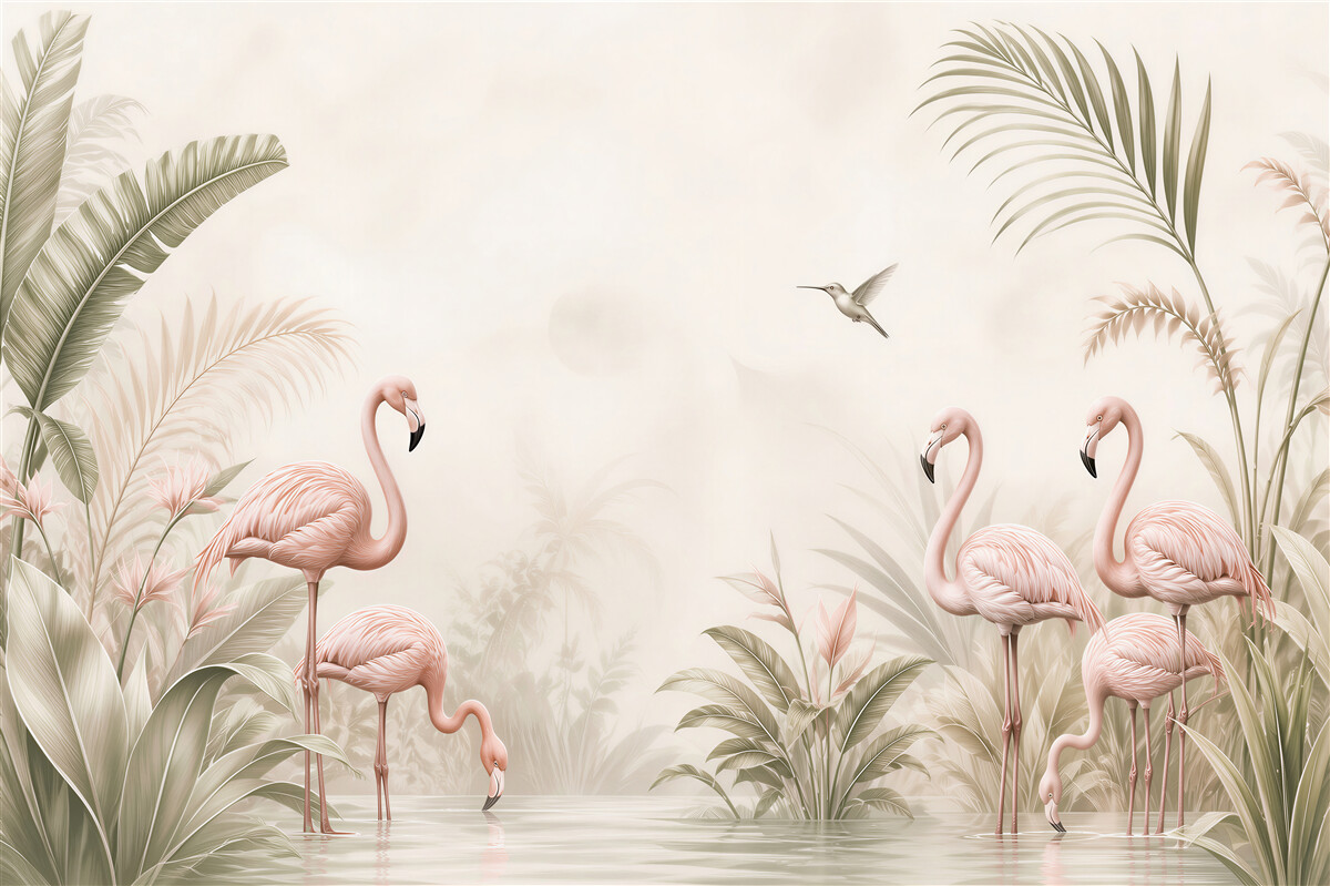Fototapeta flamingi wśród tropikalnych liści pastelowa beżowa