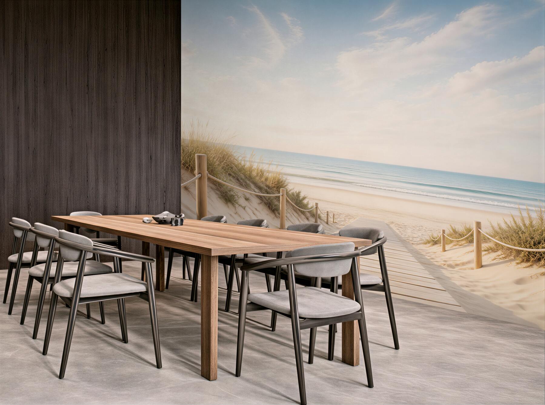 Fototapeta plaża z drewnianą ścieżką i wydmami w pastelowych kolorach
