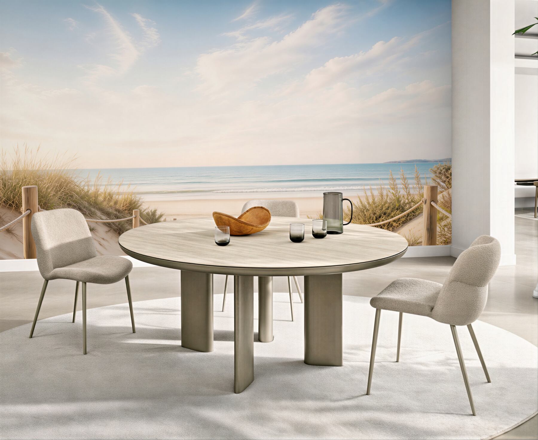 Fototapeta plaża z drewnianą ścieżką i wydmami w pastelowych kolorach