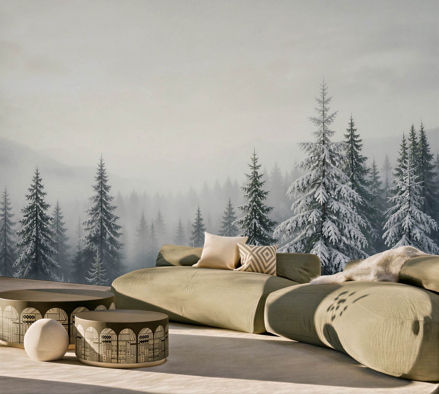 Fototapeta zimowy las we mgle ze śnieżnymi świerkami