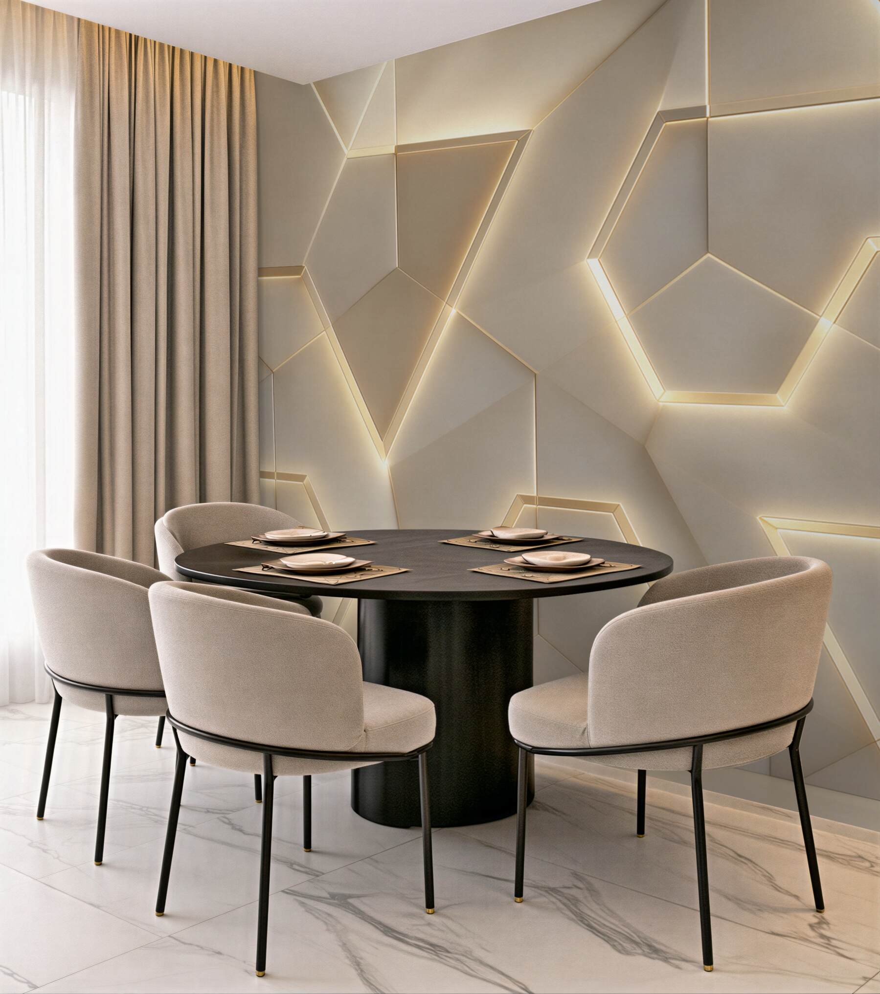 Fototapeta geometryczne panele 3D beżowe z podświetleniem led nowoczesne