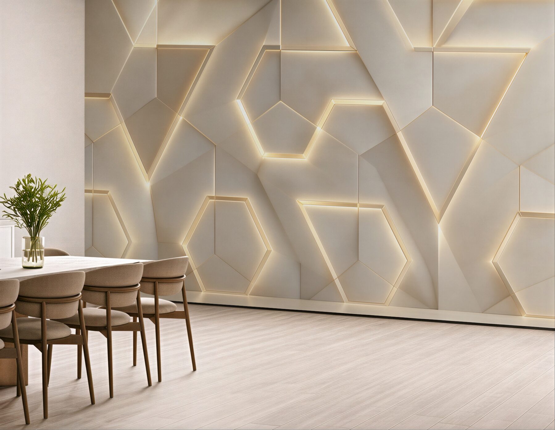 Fototapeta geometryczne panele 3D beżowe z podświetleniem led nowoczesne