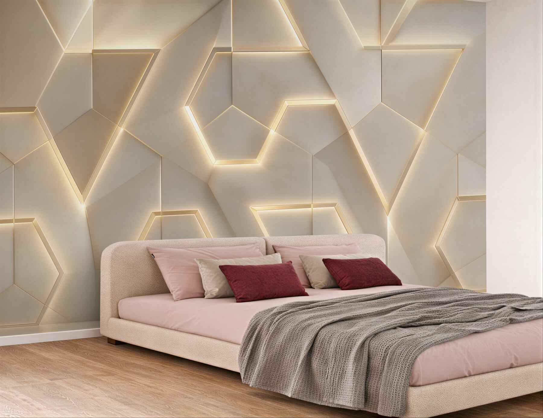 Fototapeta geometryczne panele 3D beżowe z podświetleniem led nowoczesne