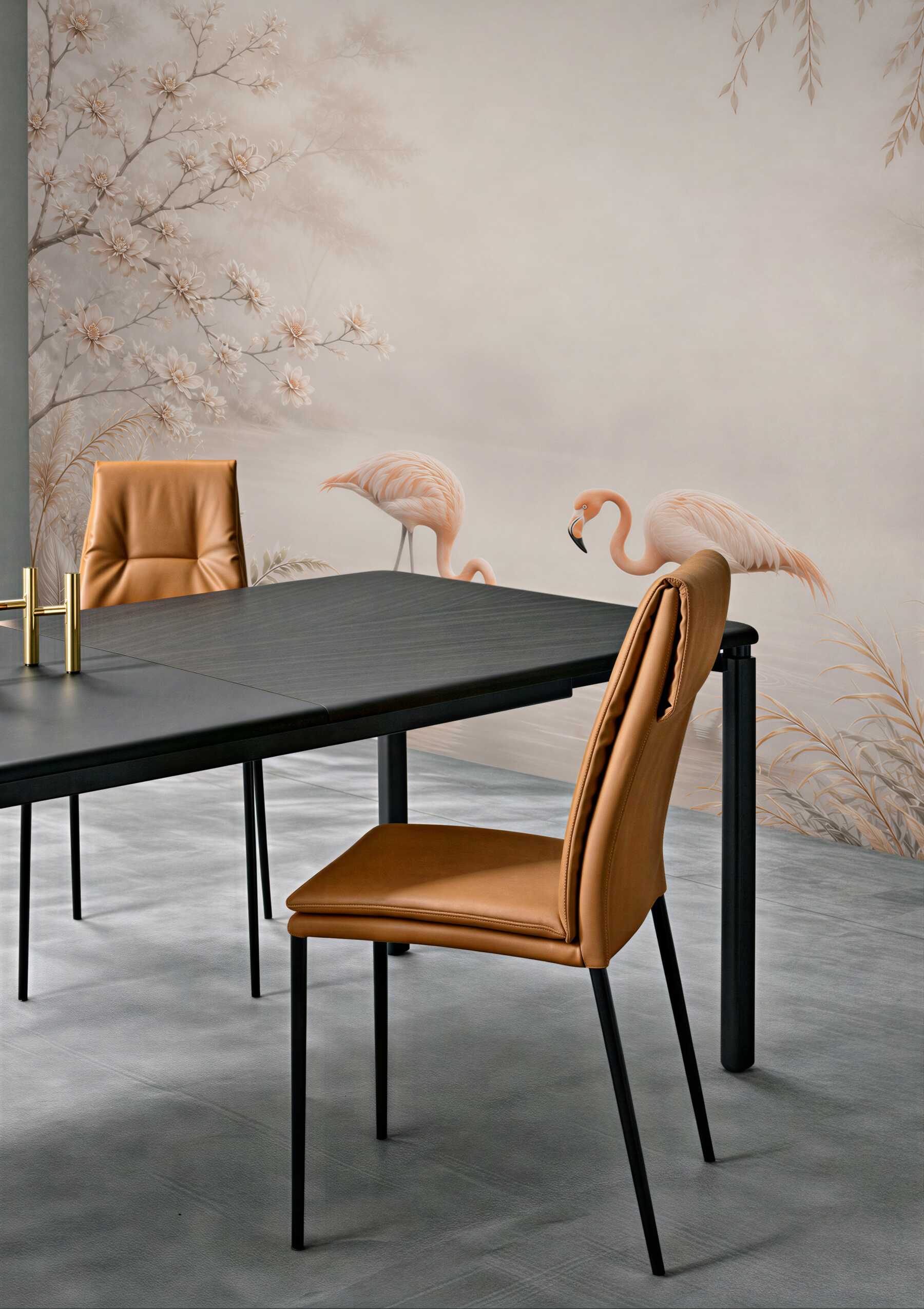 Fototapeta dwa flamingi nad jeziorem w beżowej scenerii kwiatowej