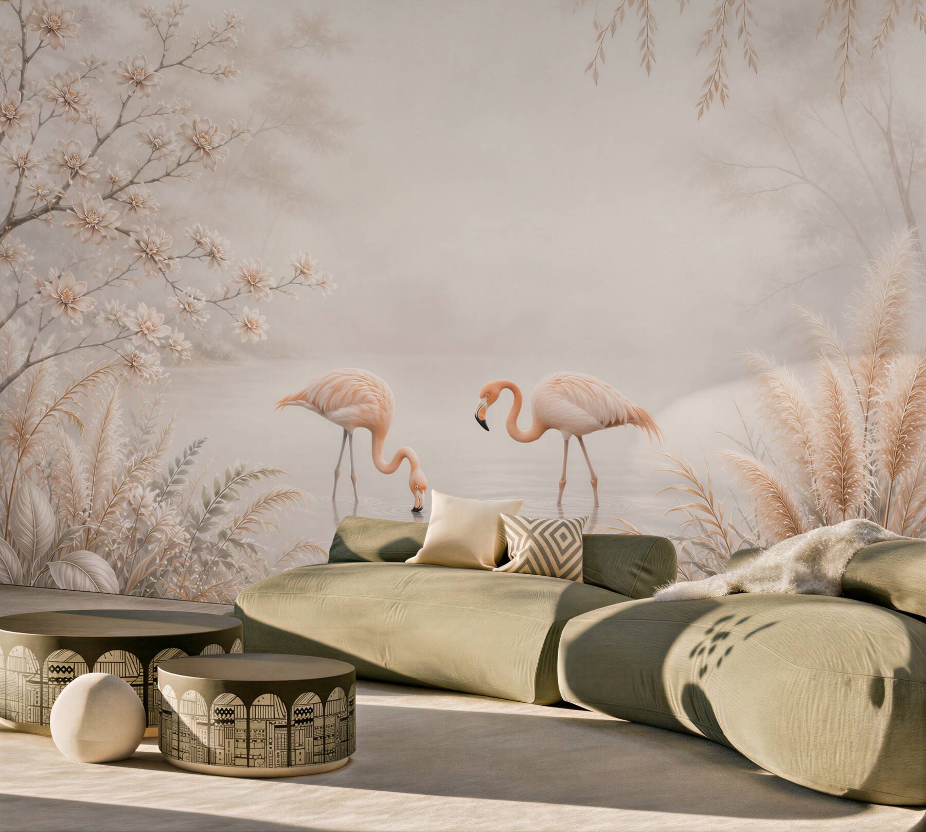 Fototapeta dwa flamingi nad jeziorem w beżowej scenerii kwiatowej