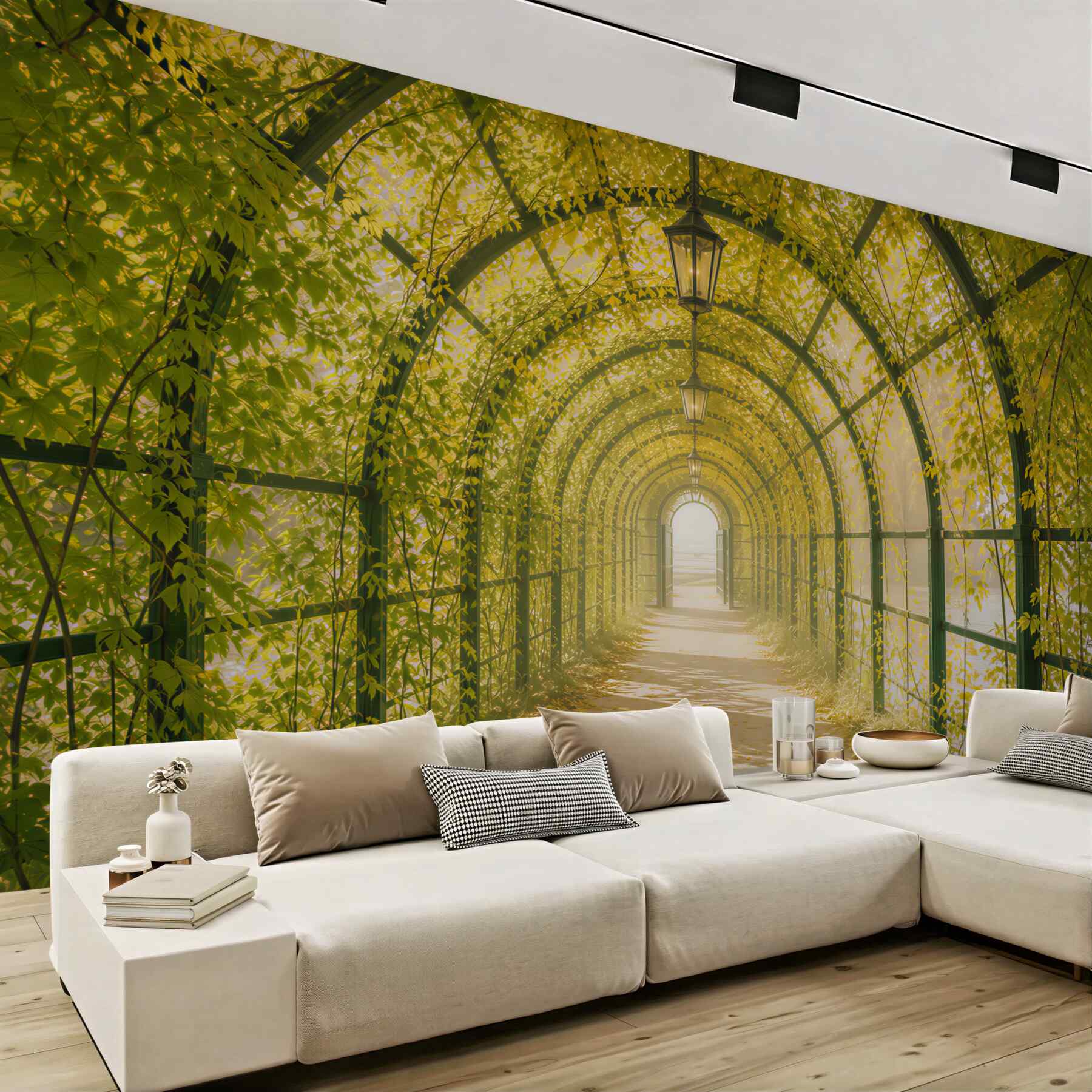 Fototapeta zielony tunel z pnączy i lampionów romantyczna alejka