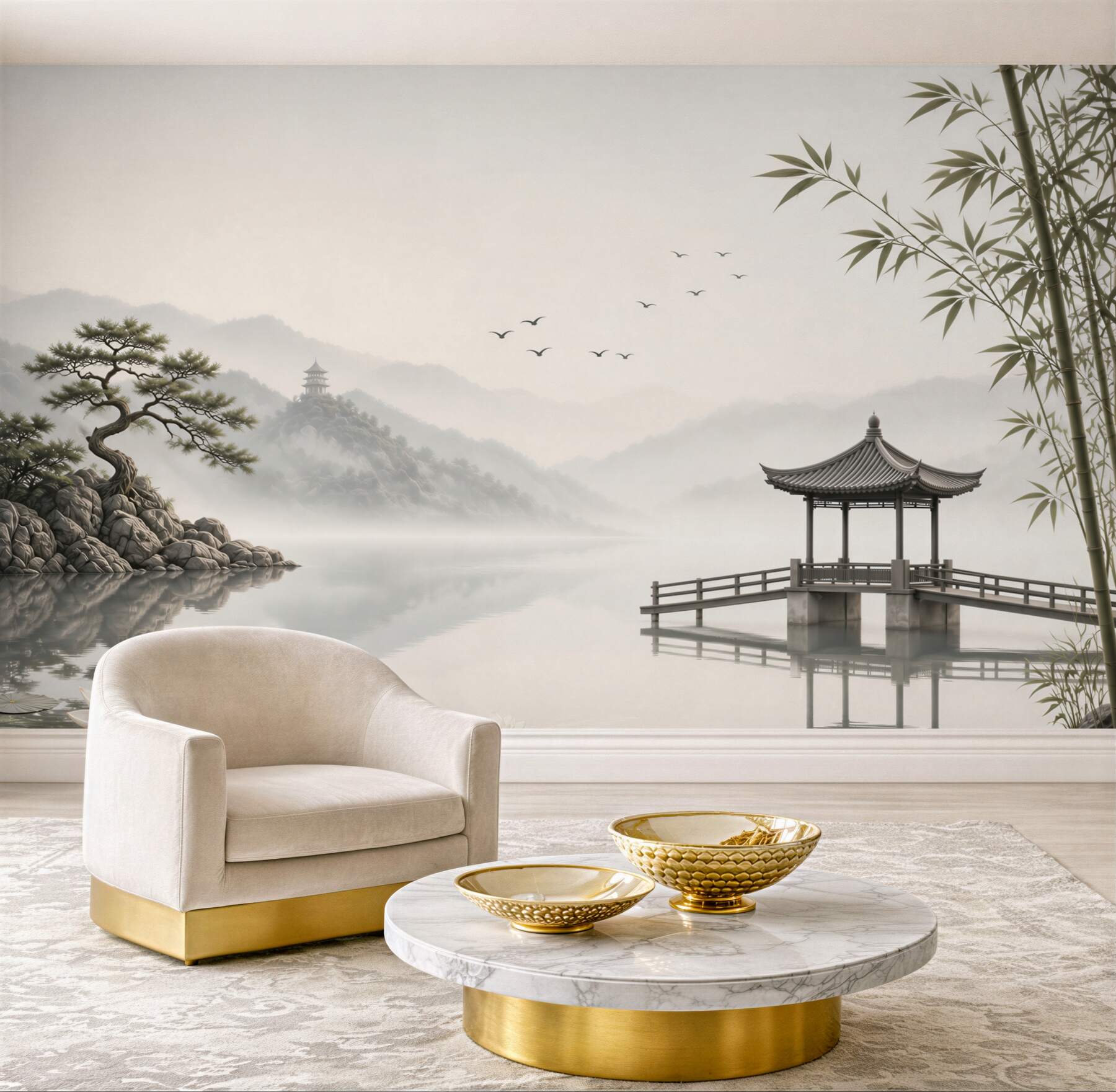 Fototapeta orientalny krajobraz z pawilonem i bambusem w stylu zen