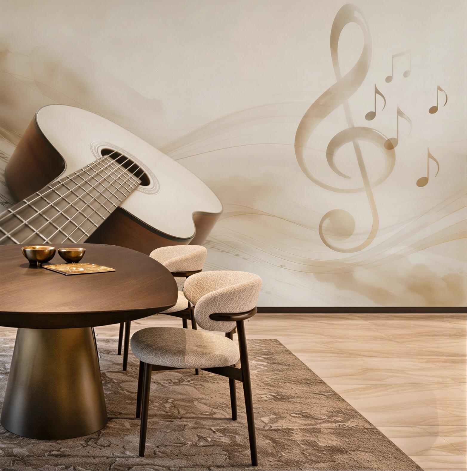 Fototapeta gitara i nuty w beżowych tonach do pokoju muzycznego