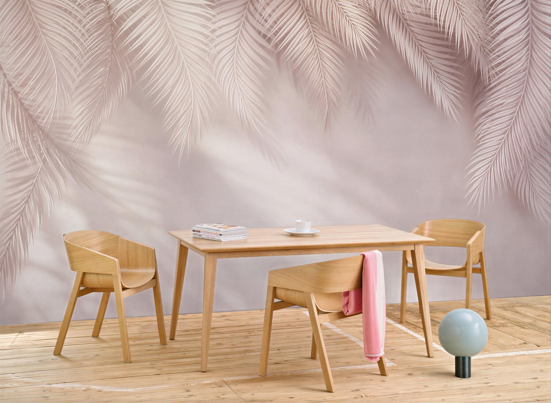 Fototapeta pastelowe liście palmowe pudrowy róż do sypialni