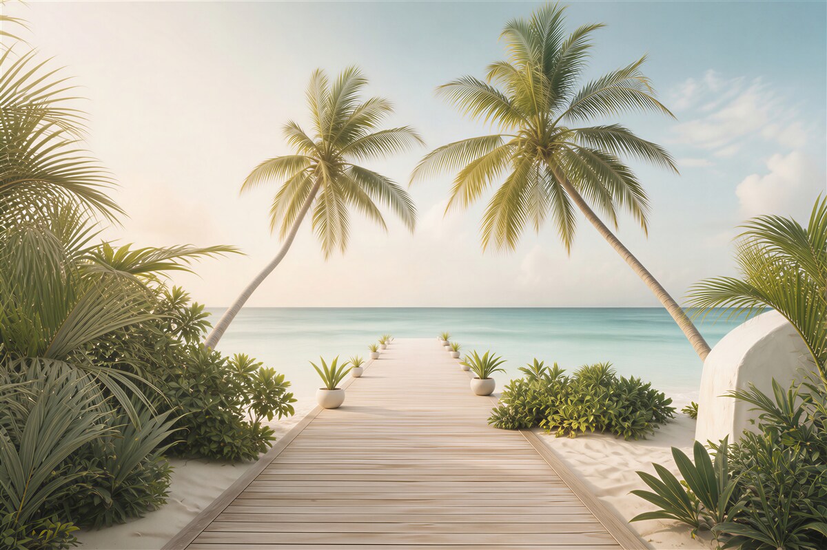 Fototapeta tropikalna plaża z palmami i pomostem spokojny morski krajobraz