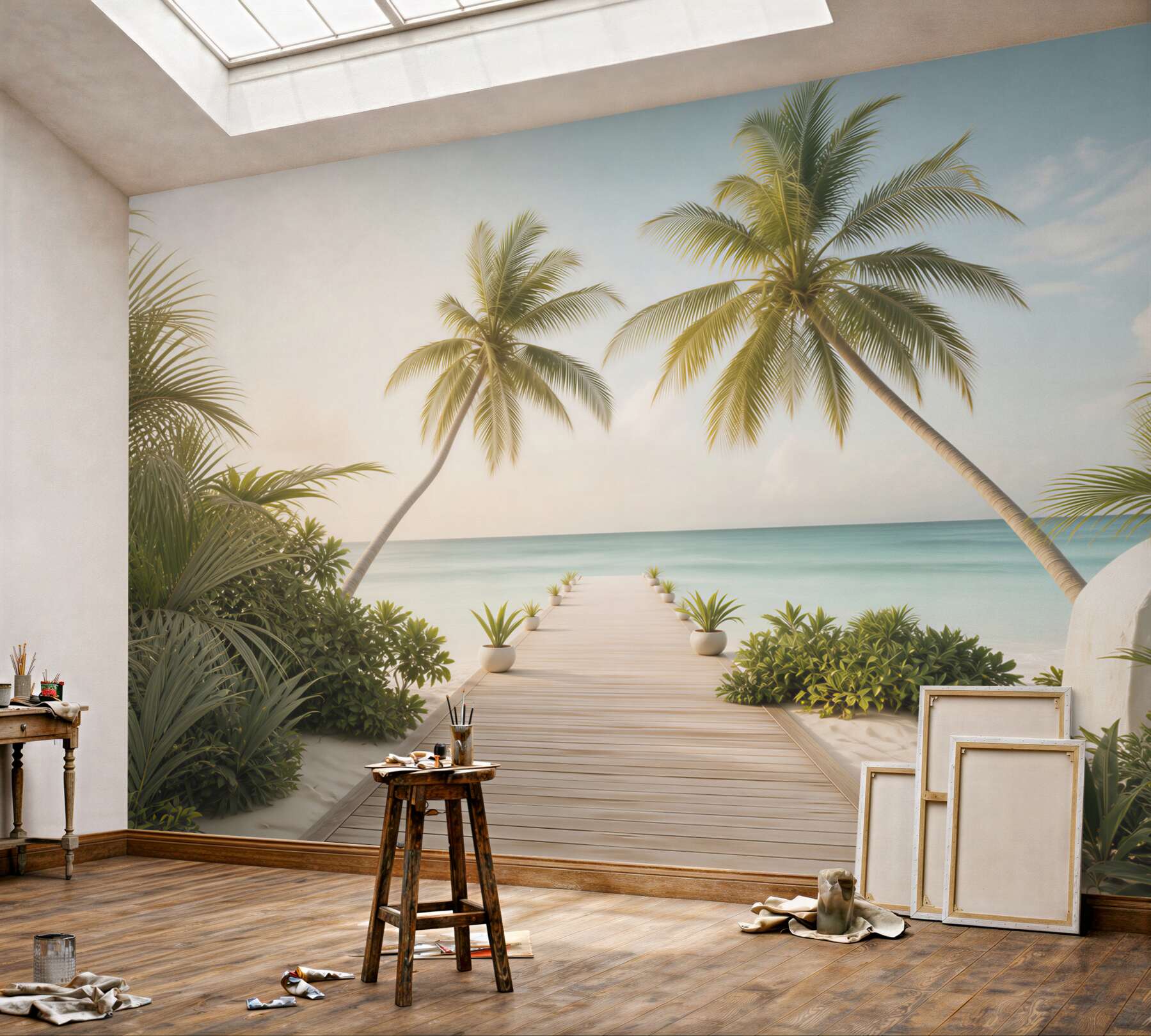 Fototapeta tropikalna plaża z palmami i pomostem spokojny morski krajobraz