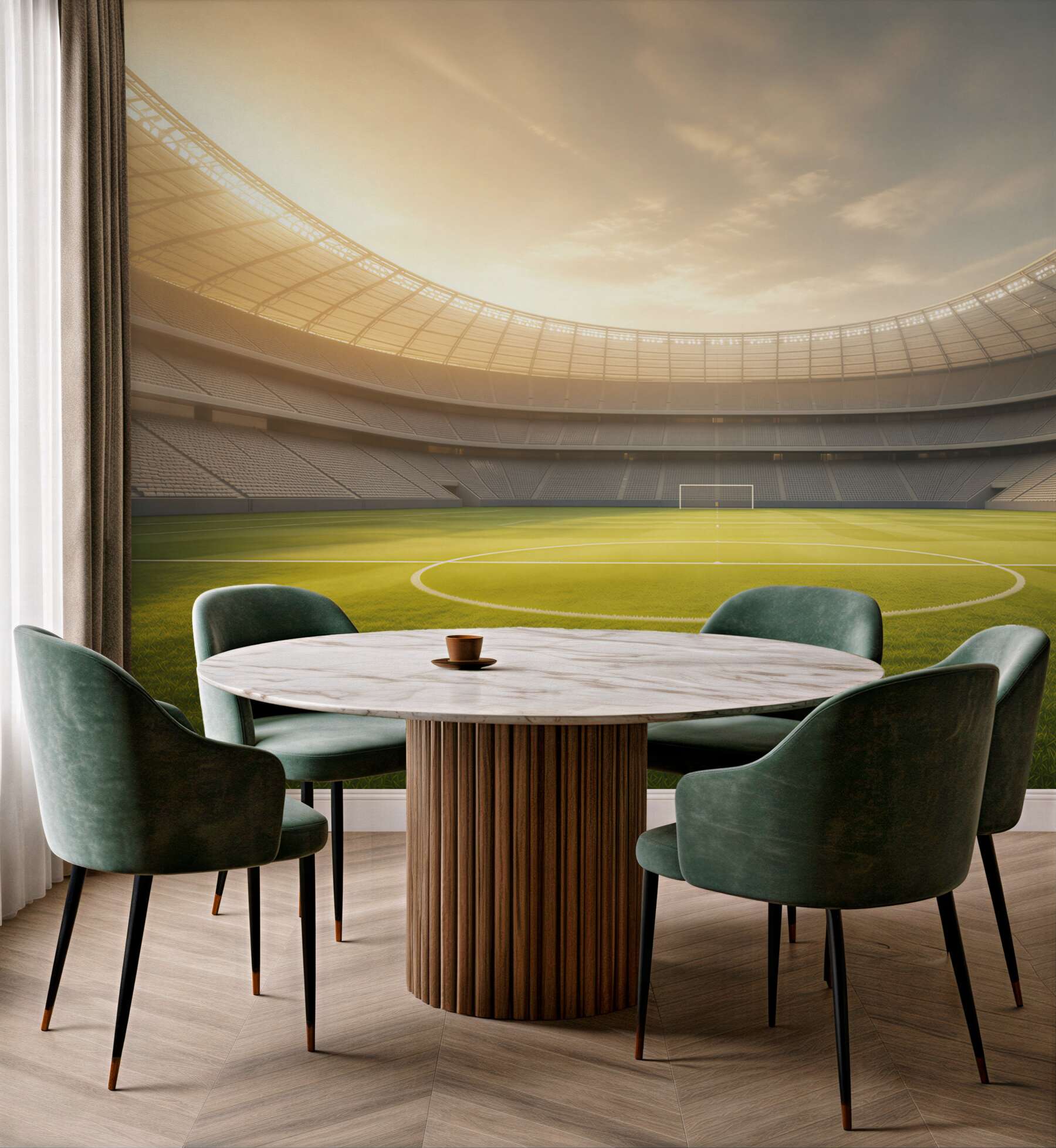 Fototapeta stadion piłkarski z zieloną murawą w świetle zachodzącego słońca
