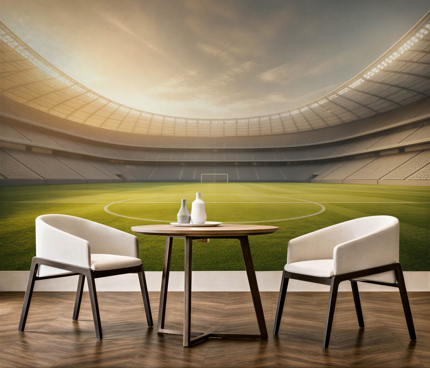 Fototapeta stadion piłkarski z zieloną murawą w świetle zachodzącego słońca