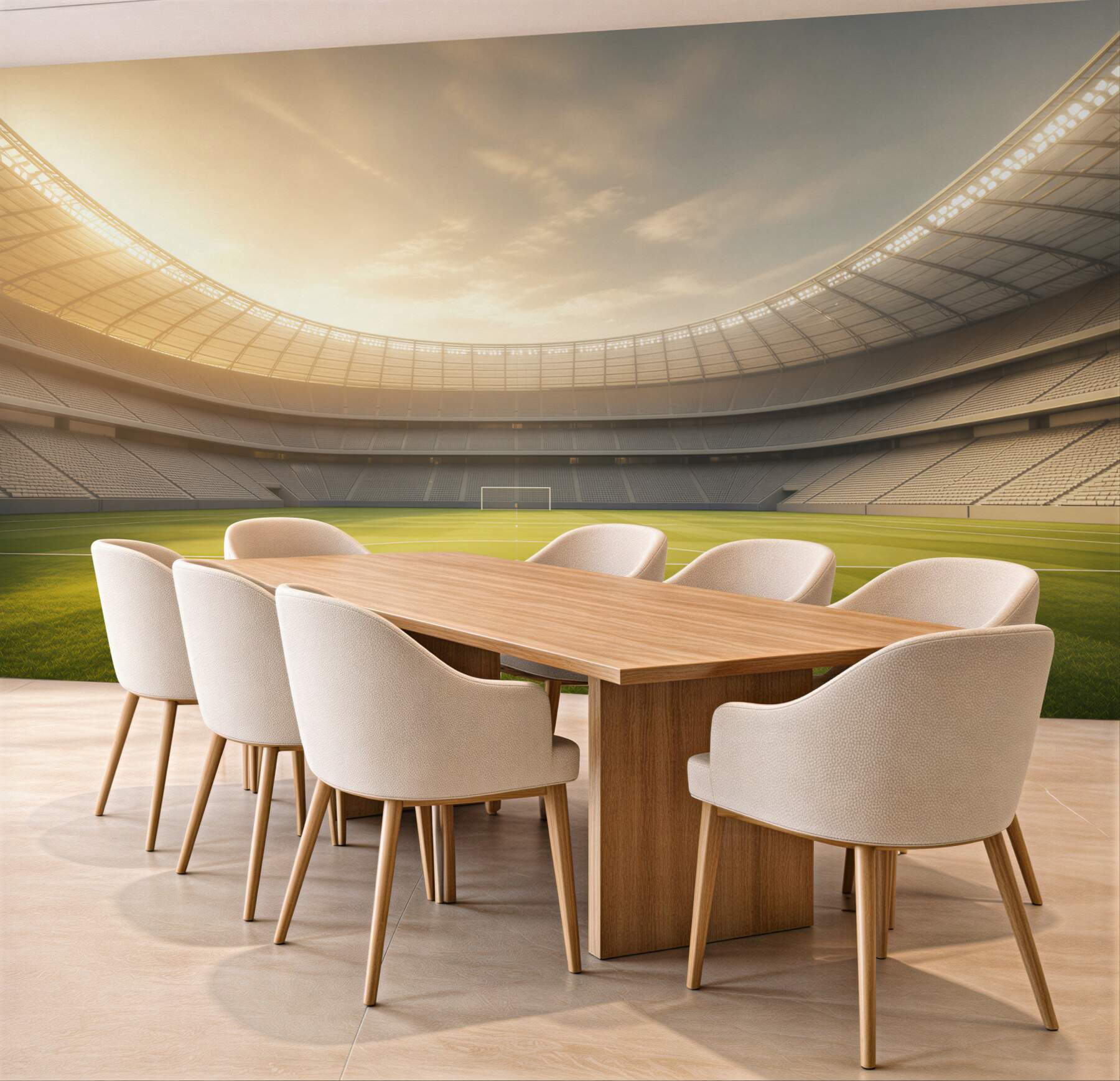 Fototapeta stadion piłkarski z zieloną murawą w świetle zachodzącego słońca