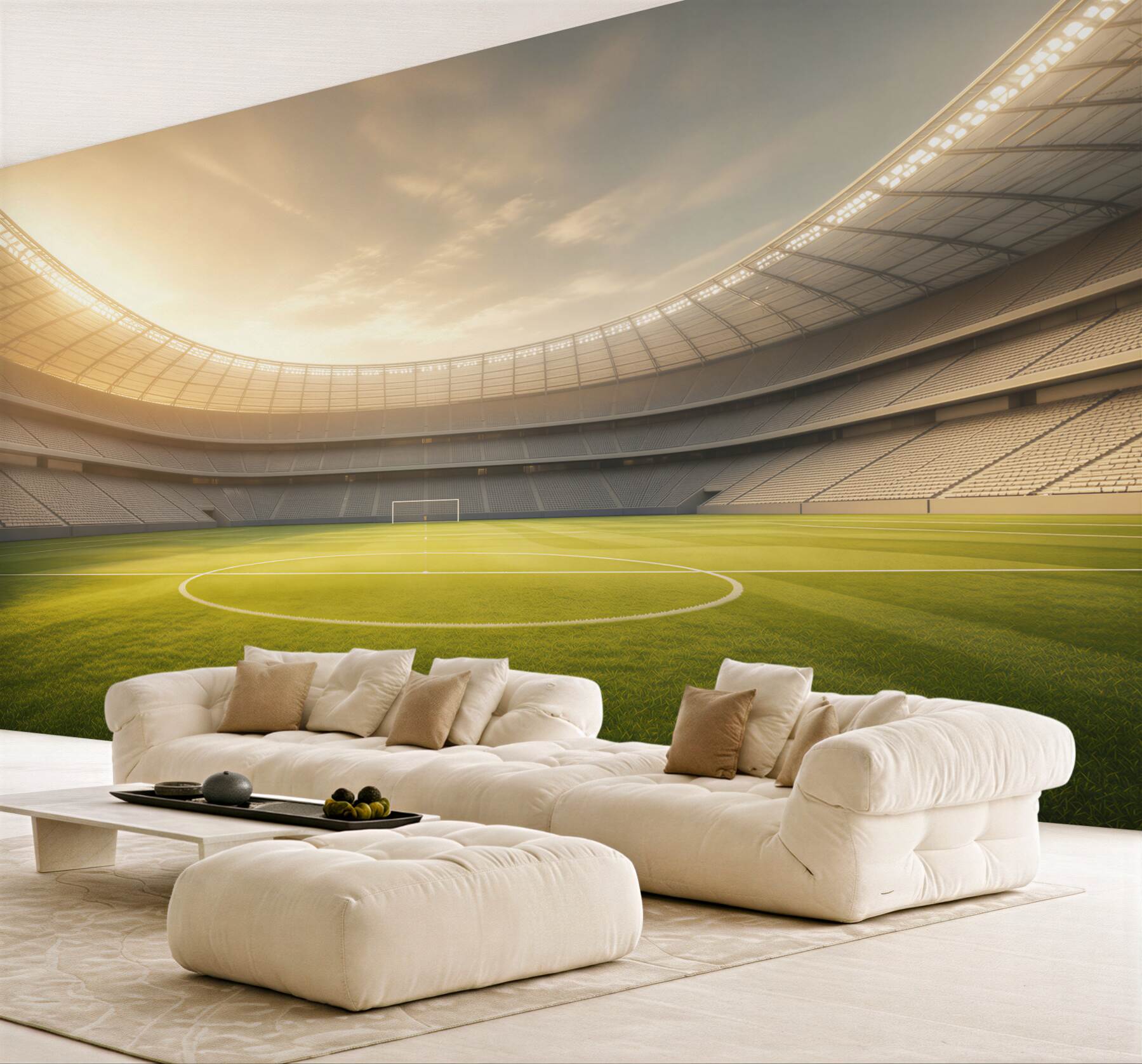 Fototapeta stadion piłkarski z zieloną murawą w świetle zachodzącego słońca