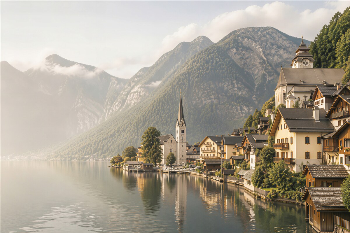 Fototapeta alpejskie miasteczko nad jeziorem i góry we mgle