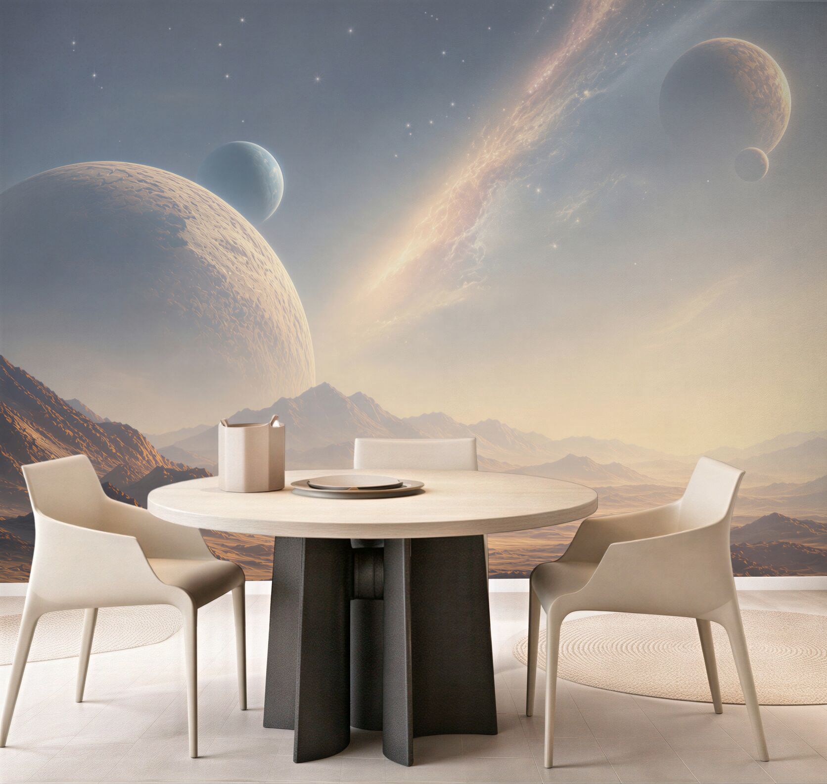 Fototapeta kosmiczny krajobraz z planetami i górami w jasnych barwach