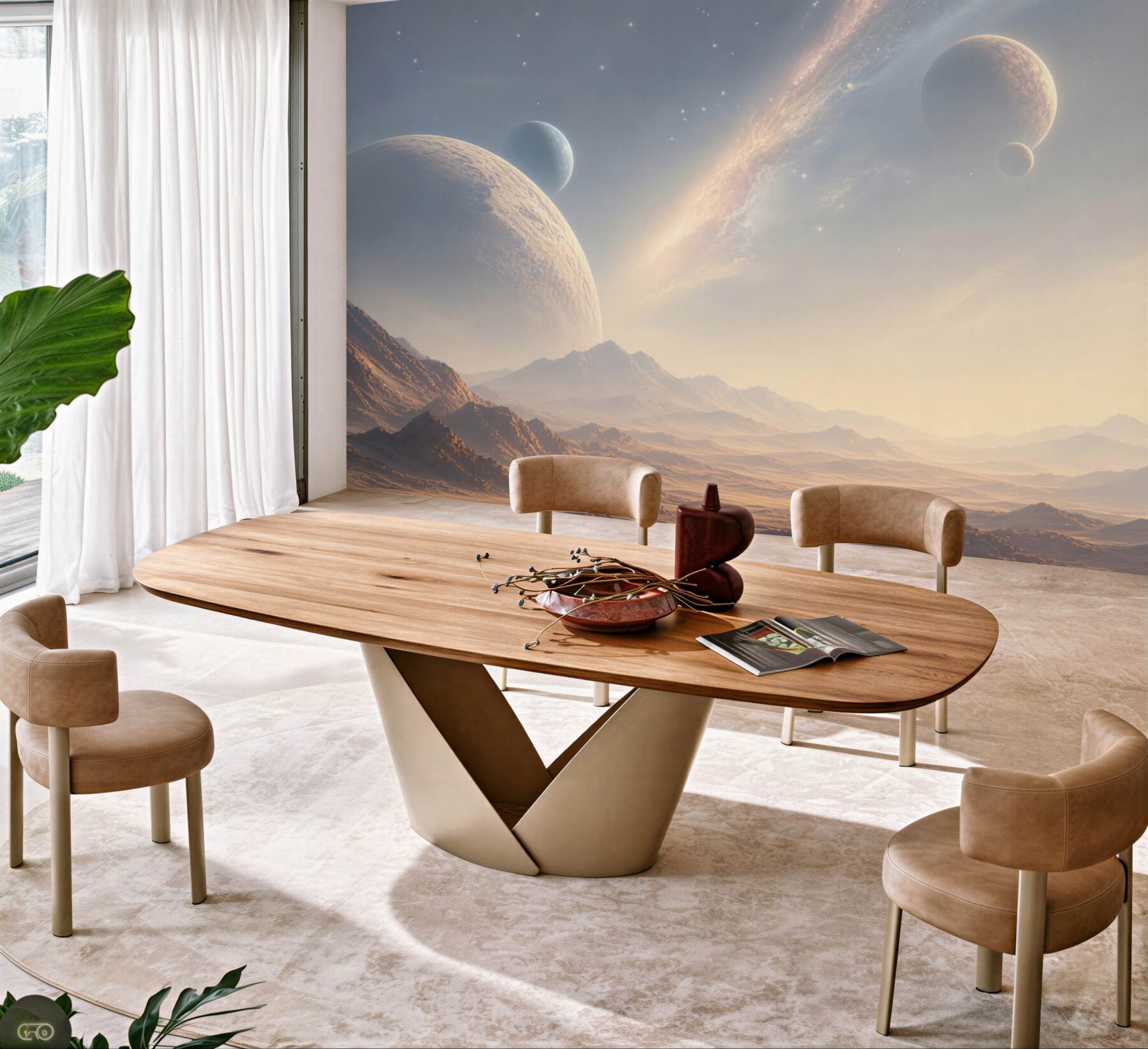 Fototapeta kosmiczny krajobraz z planetami i górami w jasnych barwach