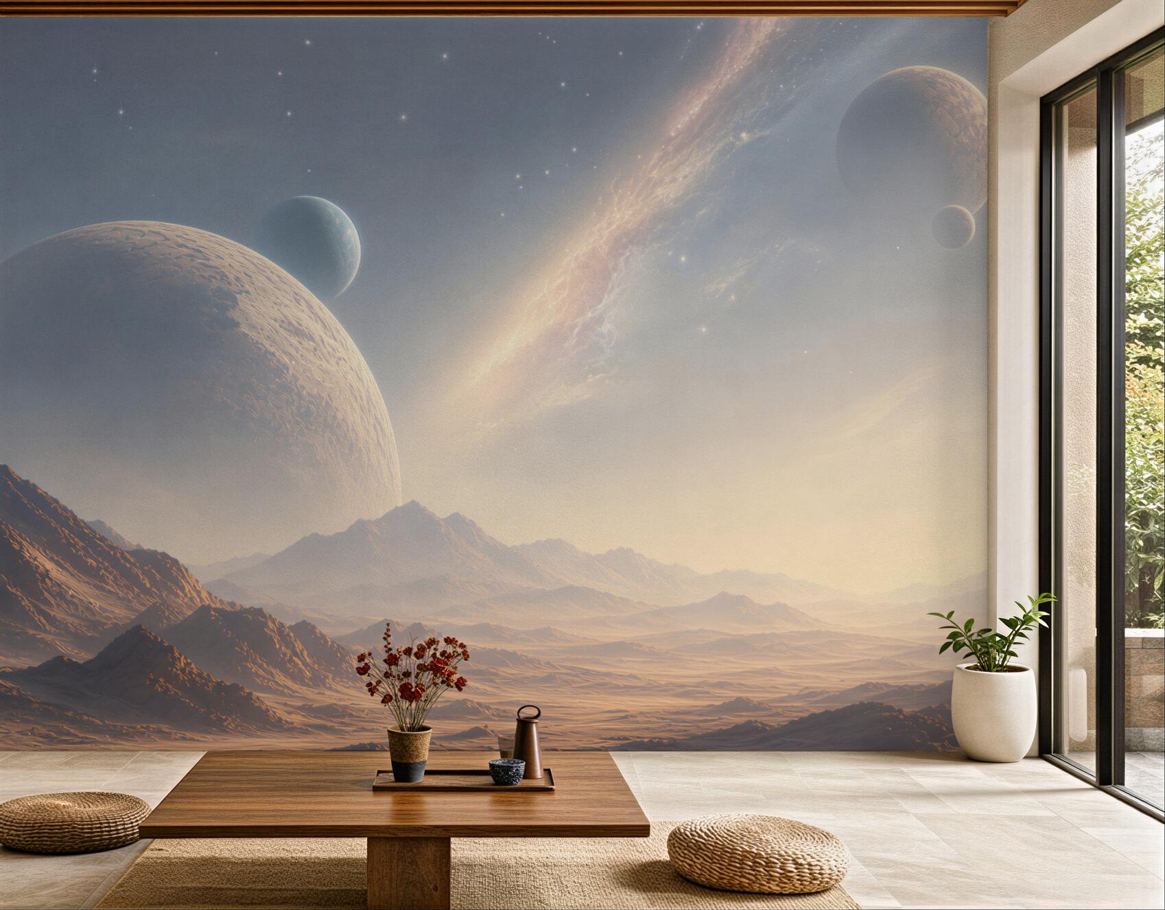 Fototapeta kosmiczny krajobraz z planetami i górami w jasnych barwach