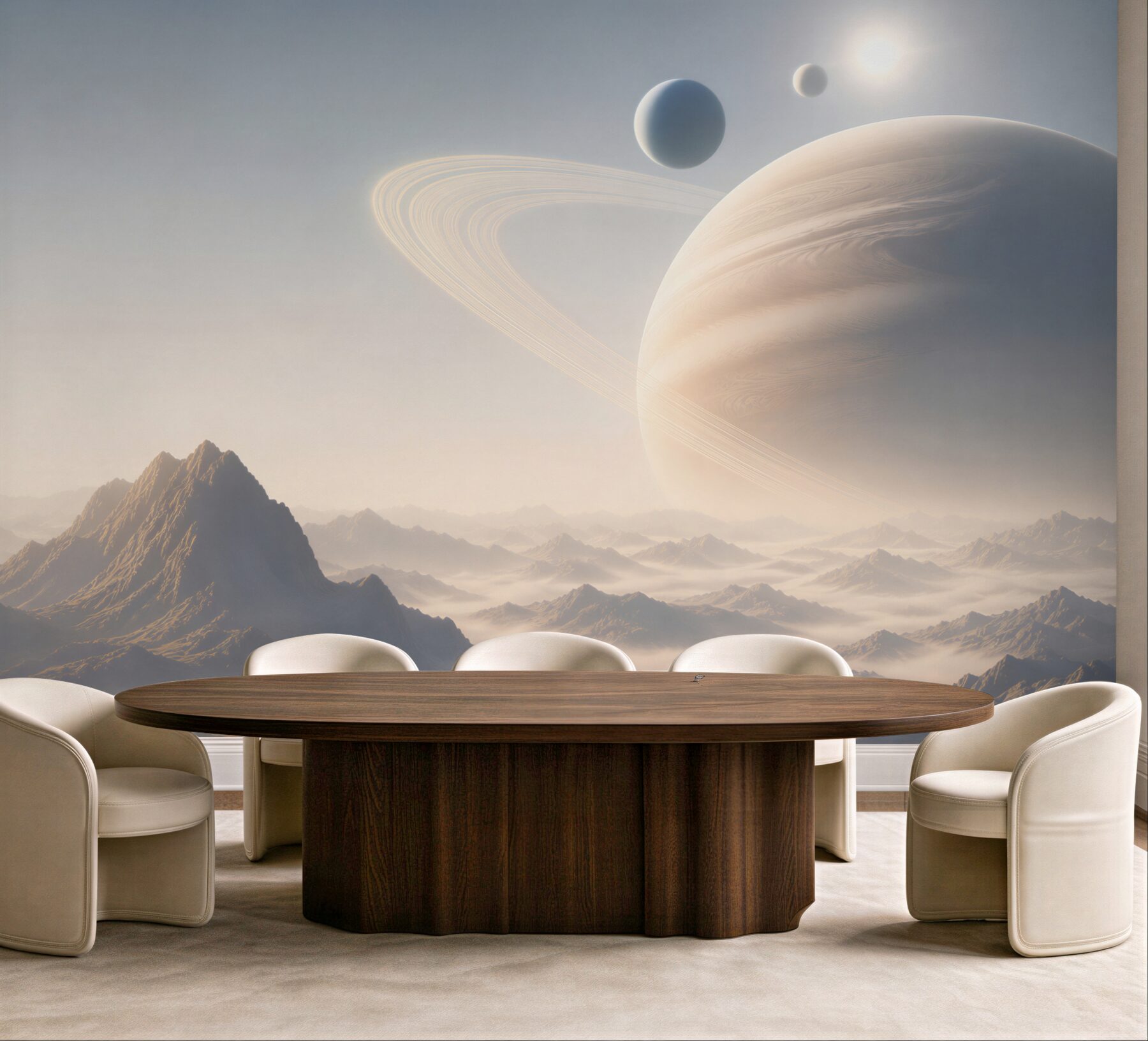 Fototapeta planeta z pierścieniami nad mglistymi górami futurystyczna