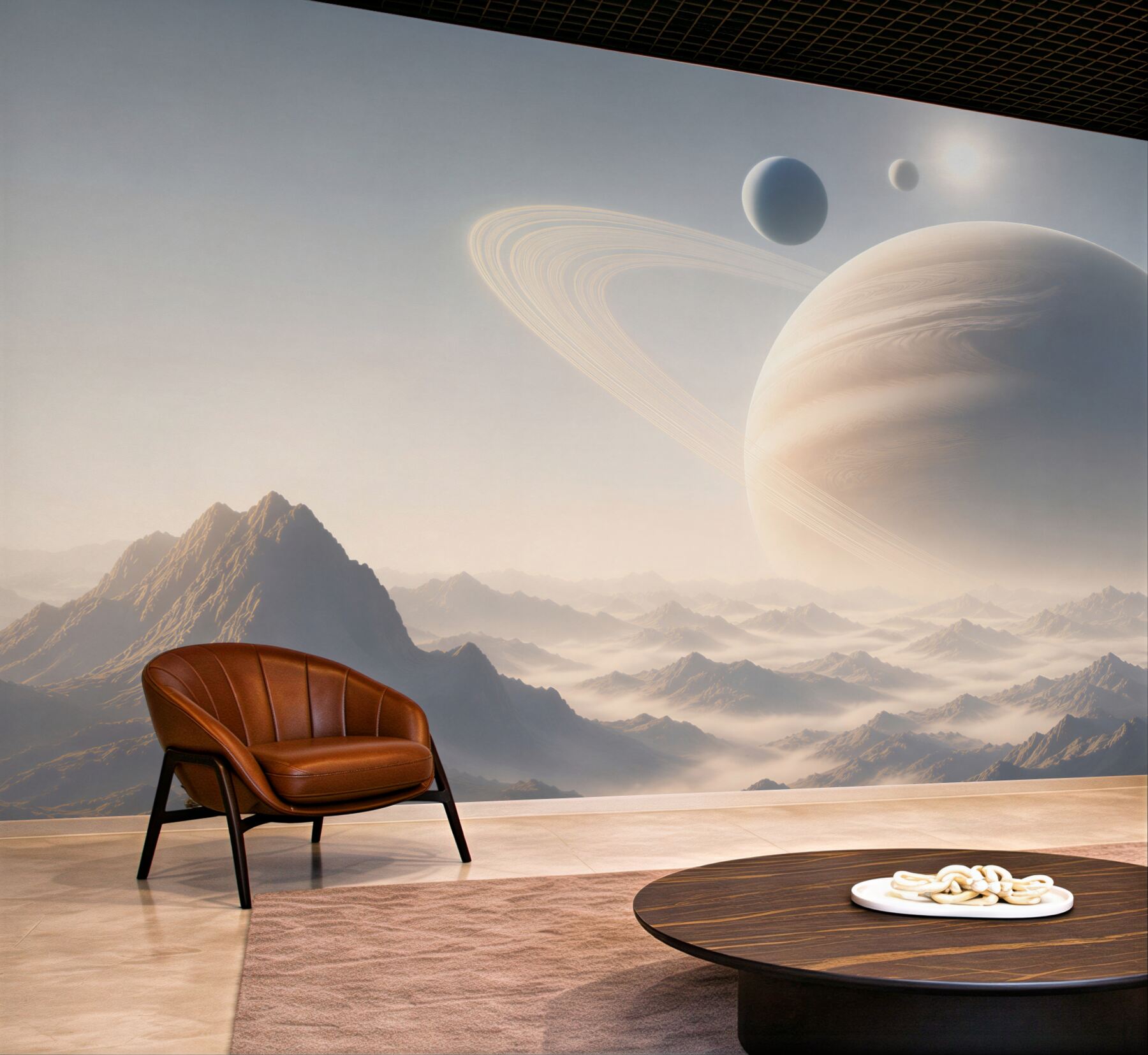 Fototapeta planeta z pierścieniami nad mglistymi górami futurystyczna