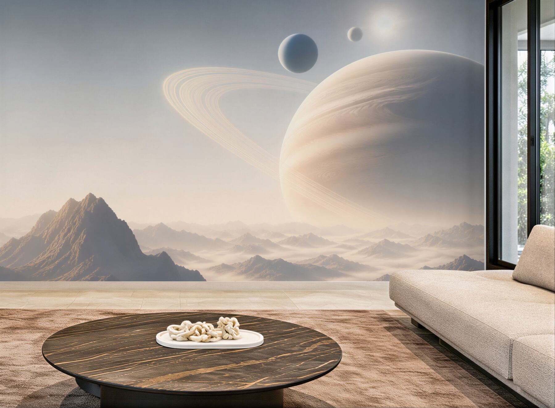 Fototapeta planeta z pierścieniami nad mglistymi górami futurystyczna